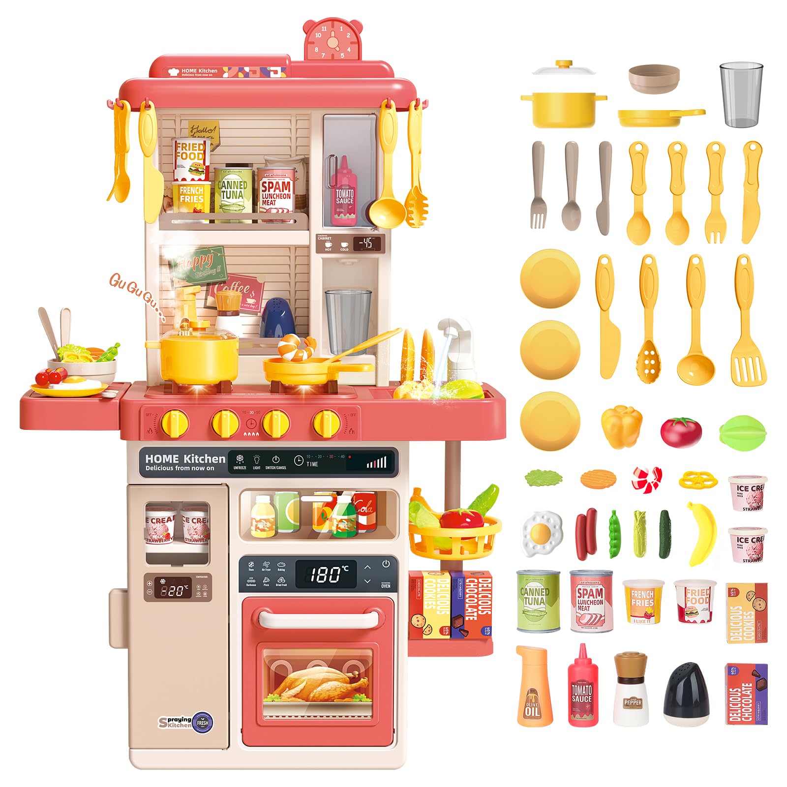 deAO Kids Play Kitchen Set with 50PCS Accessories & Real Sounds - Perfect for Pretend Play & Birthday Gifts
