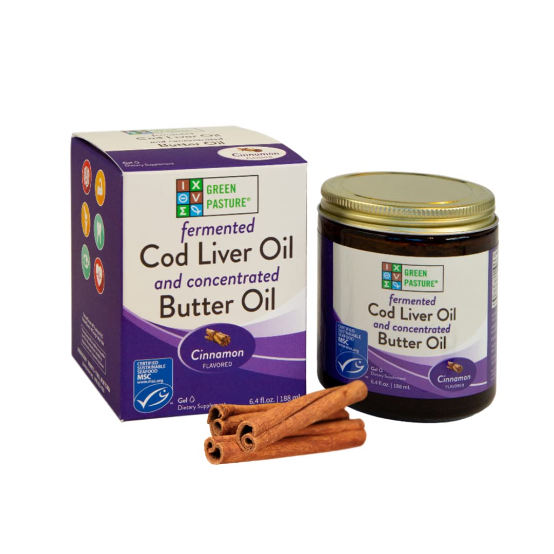 Green Pasture Butter Oil & Fermented Cod Liver Oil Blend Gel - 6.4 oz Cinnamon Flavor | Immune Support & Brain Health Supplement | Perfect for Smoothies, Baking & Daily Wellness