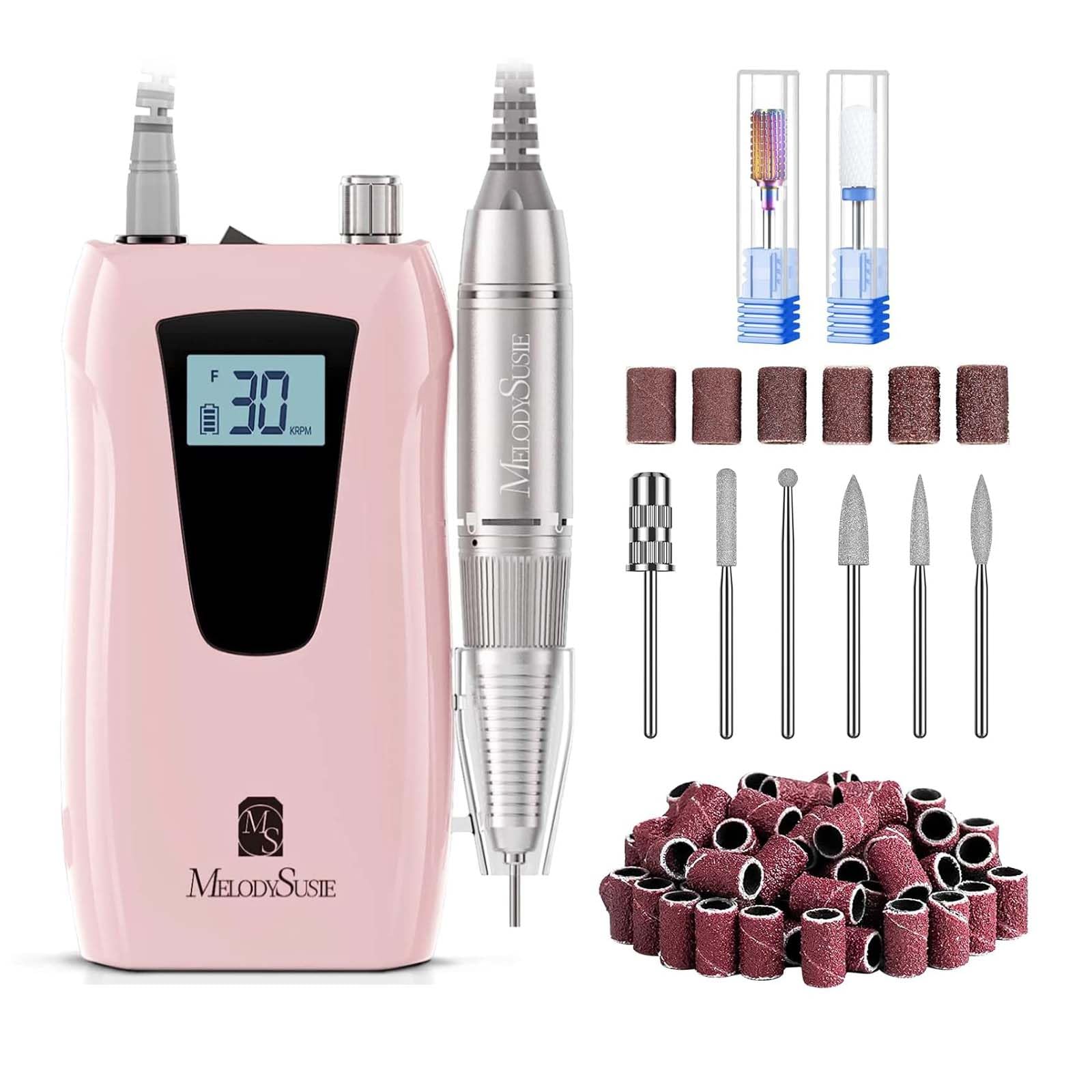 MelodySusie SC320D Professional Cordless Electric Nail Drill Machine - 30000 RPM Rechargeable Nail E File for Acrylic & Gel Nails with 8 Nail Bits & 50 Sanding Bands (Selene Pink) | Perfect for Salon, Home Manicures & Nail Art DIY