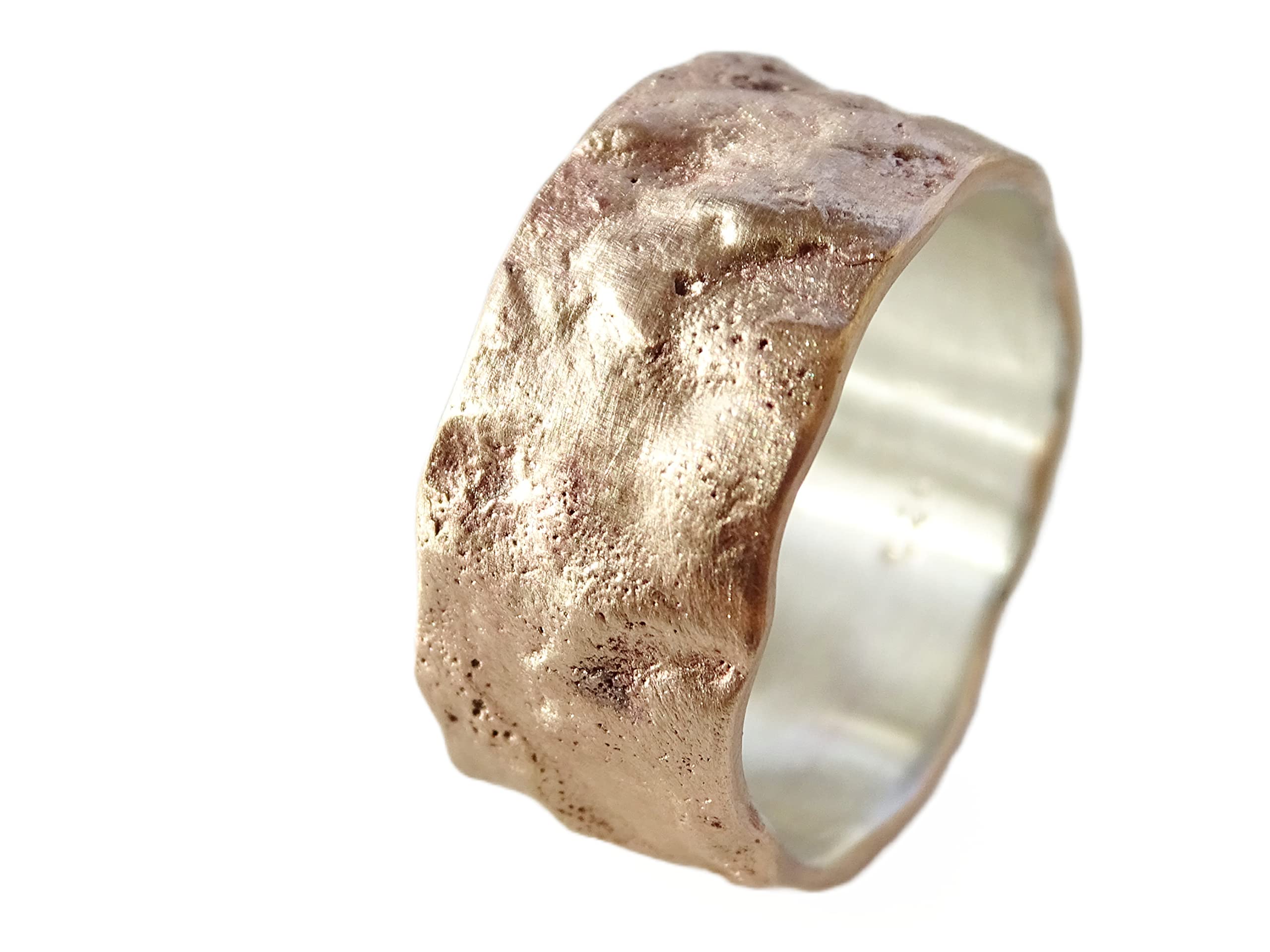 Stylish Bronze & Silver Men's Ring - Cool Wedding Band, Anniversary & Engagement Gift - Molten Structured Design with Wood Grain Texture - Perfect for Weddings, Anniversaries & Everyday Wear
