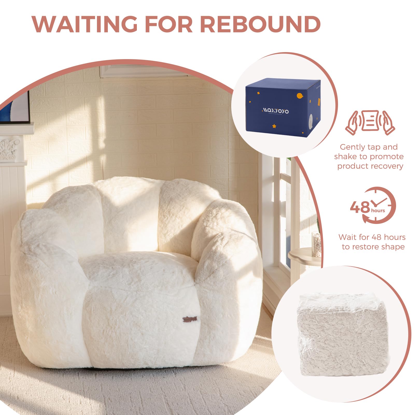 MAXYOYO Floral Bean Bag Chair - Ultra Soft Faux Fur Petal Back Sofa for Adults, Single Size Beige | Cozy Lounge Chair for Living Room, Bedroom & Game Room Relaxation