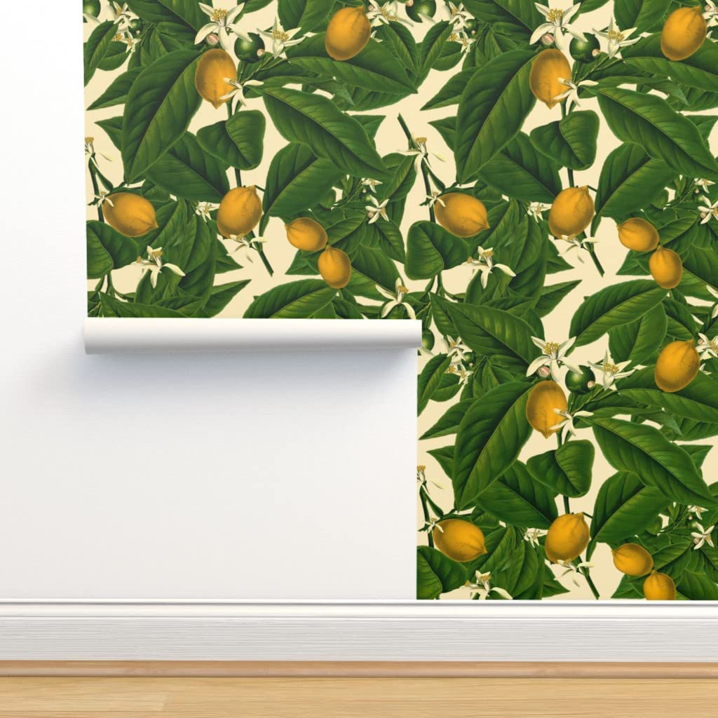 Premium Commercial Grade Wallpaper 27ft x 2ft - Lemon Botanical Cream Leaves Citrus Plants Modern Traditional Peel & Stick Wallpaper for Living Room, Bedroom, Kitchen Decor by Spoonflower
