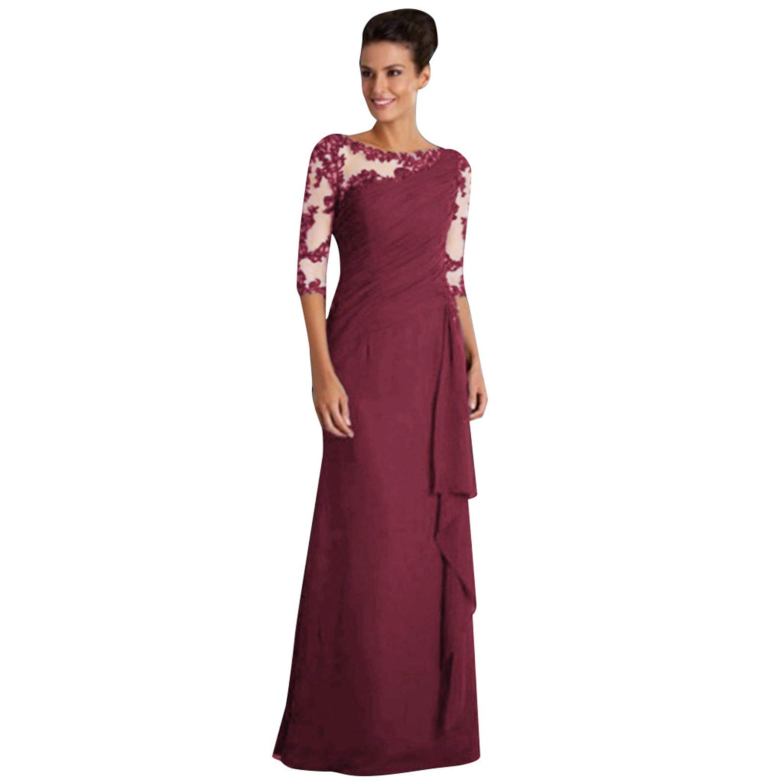 Vintage Lace 3/4 Sleeve Formal Long Dress for Women - Elegant Ruffled Trim Slim Fit Wedding Guest Gown | Perfect for Bridal Showers, Evening Parties & Special Occasions