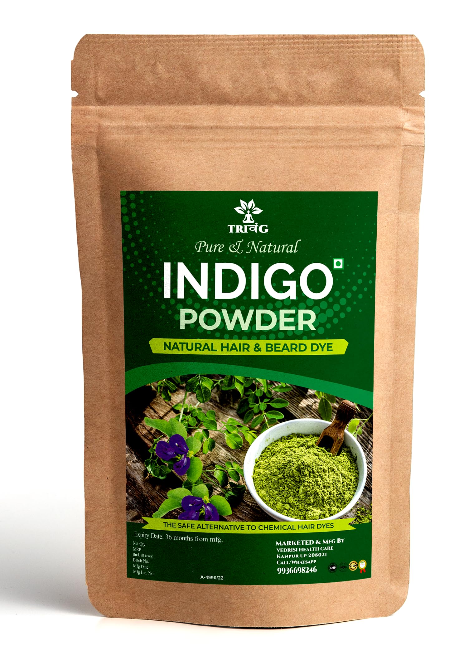 Trivang 100% Organic Herbal Indigo Powder (400G) - Natural Hair Dye for Gray Coverage & Damage Protection | Chemical-Free Hair Coloring Solution for Men & Women | Perfect for DIY Hair Care & Ayurvedic Treatments