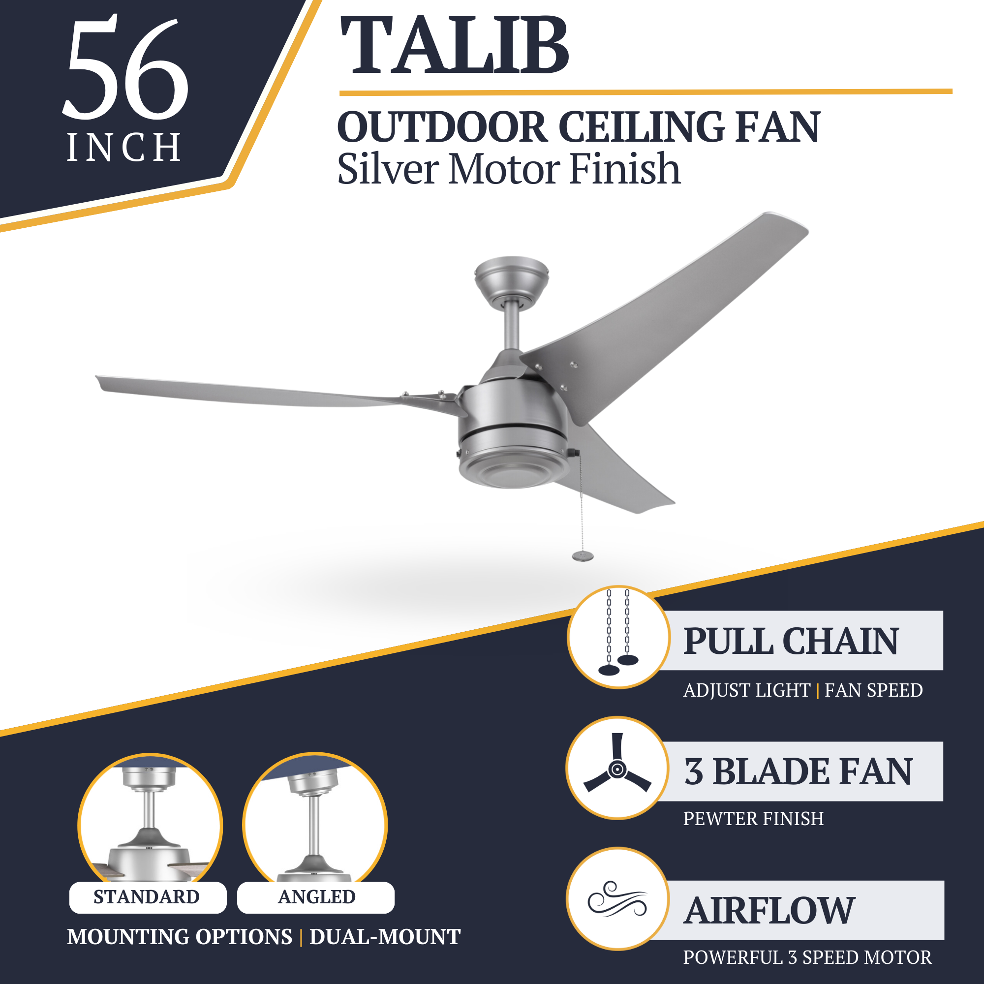 56 Inch Silver Talib Ceiling Fan with Pull Chain - Indoor/Outdoor Use for Living Room, Bedroom, Patio & Covered Porch
