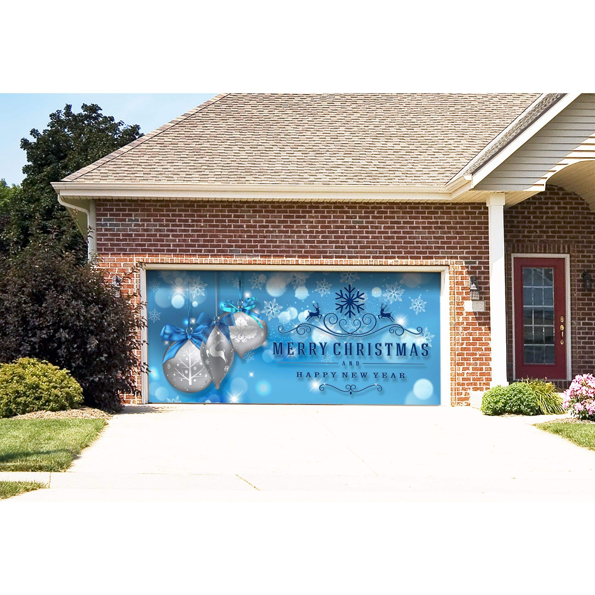 7' x 16' Blue and Gray Merry Christmas Happy New Year Outdoor Double Car Garage Door Banner - Perfect for Holiday Home Decor, Christmas Party Backdrop & Festive Neighborhood Decoration