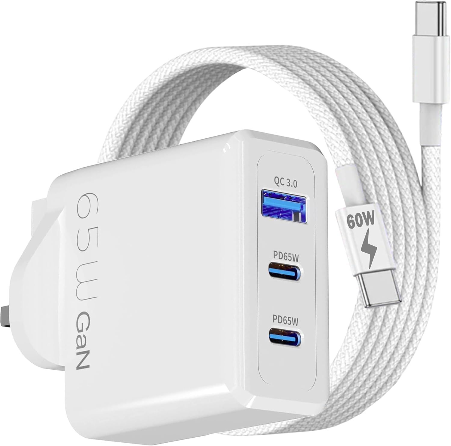 65W GaN Fast Charger with 60W USB-C Cable - Compatible with Nothing Phone 3a/3a Pro/2a Plus/CMF 1/2a/2/1 - Multi-Port USB-C Power Adapter for Super Fast Charging (White) | Perfect for Home, Office & Travel Charging Needs