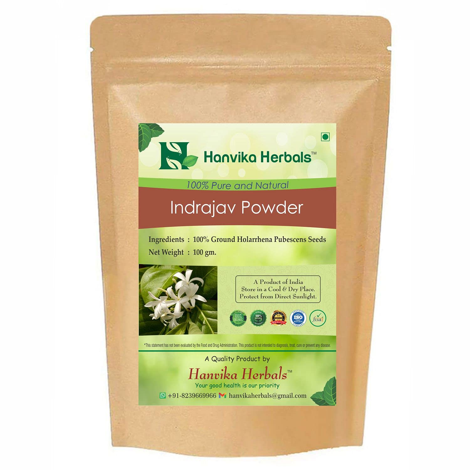 Hanvika Herbals Indrajav Powder - 100% Pure Ground Holarrhena Pubescens Seeds (3.5 oz) | Ayurvedic Herbal Supplement for Digestive Health & Wellness | Perfect for Tea, Smoothies & Natural Remedies