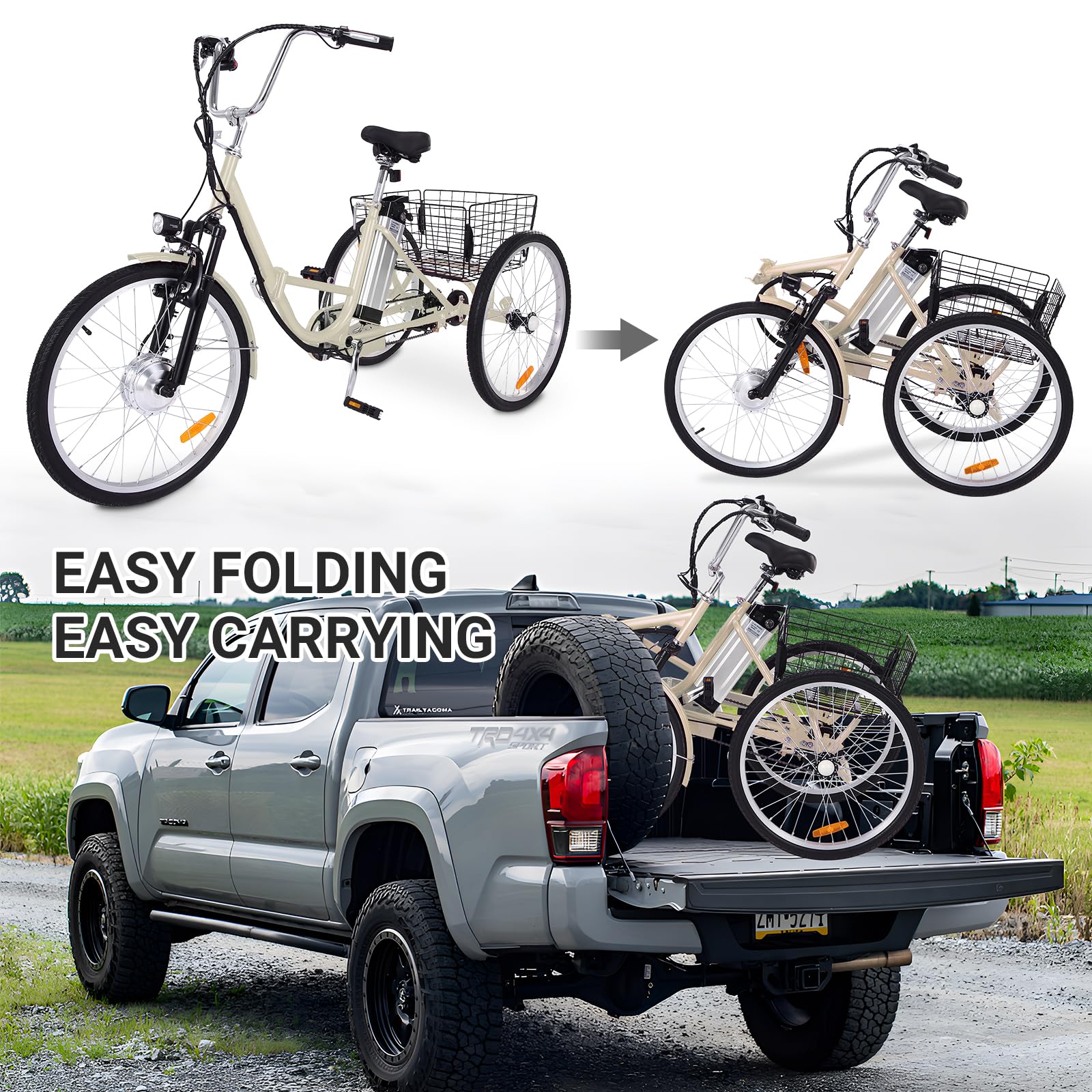 GARVEE 26 Inch Adult Electric Tricycle - Foldable 7-Speed E-Trike with Basket, 36V Removable Battery & 250W Brushless Motor - Commuter & Leisure Ride for Men & Women (Beige) - Perfect for Grocery Shopping, Senior Mobility & Urban Commuting