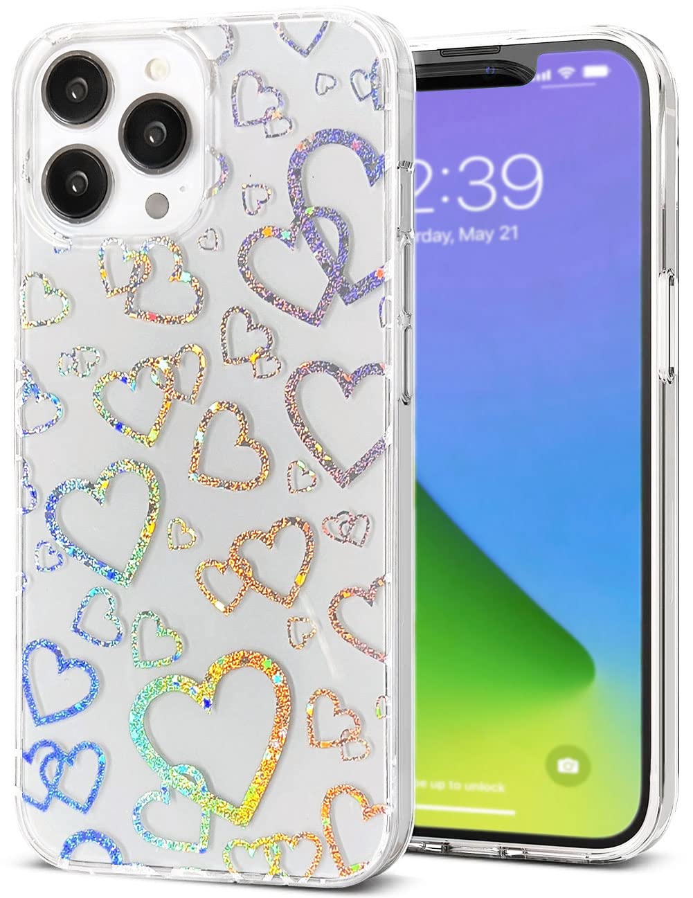 CEOKOK iPhone 13 Pro Max Case Clear Glitter Holographic Heart Design - Shockproof Hybrid TPU & PC Protective Phone Cover for Women | Perfect for Everyday Use, Gift Giving & Special Occasions