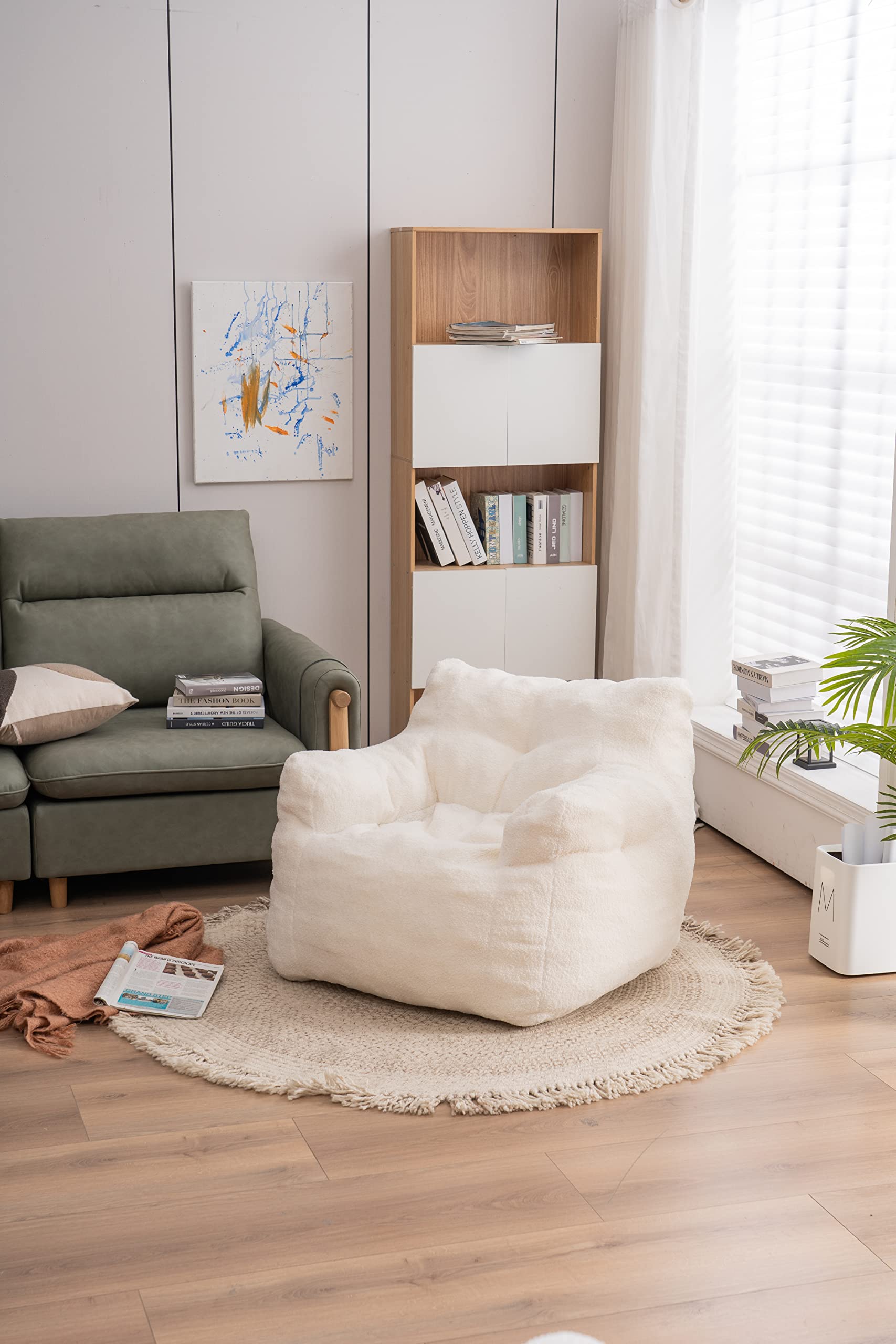 Soft Tufted Bean Bag Chair for Adults & Kids - Medium Teddy Fabric Bean Bag with Arms in Ivory White - Perfect for Living Room, Bedroom, Dorm & Game Room Relaxation