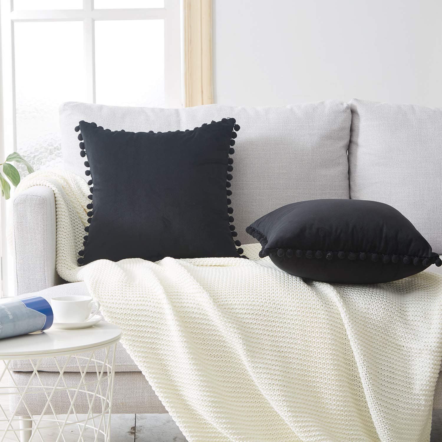 Luxury Velvet Decorative Throw Pillow Covers 20x20 Inch - Soft Black Pillow Cases with Pom Poms, Set of 2 for Couch, Bed, Sofa - Boho Chic Home Decor for Living Room, Bedroom & Office - Perfect for Spring, Easter & Cozy Home Styling
