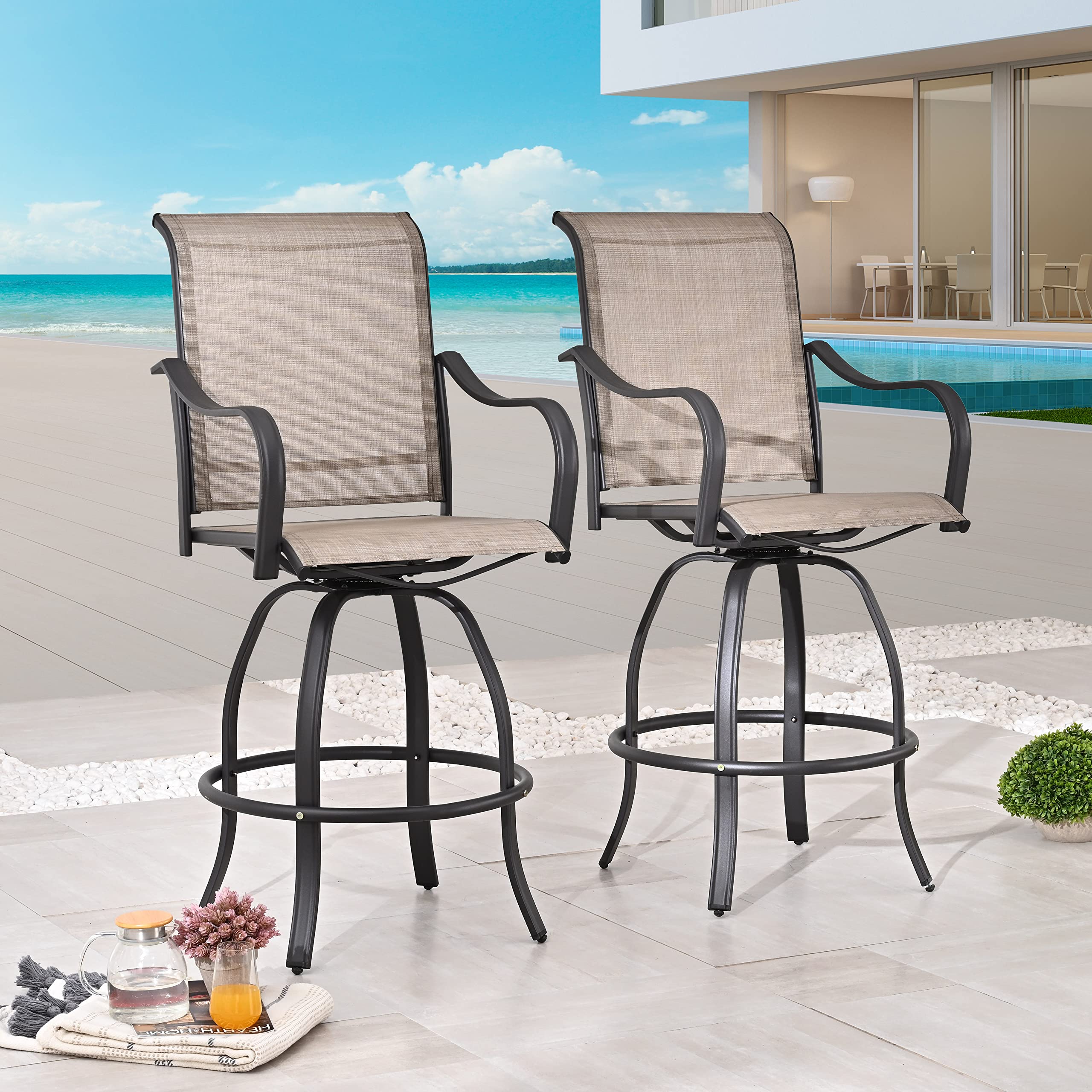 LOKATSE HOME 2-Piece Bar Height Patio Swivel Stools Set - All-Weather Metal Frame & Grey Tesling Fabric - Outdoor Dining & Bar Furniture for Backyard, Deck, Garden, Poolside