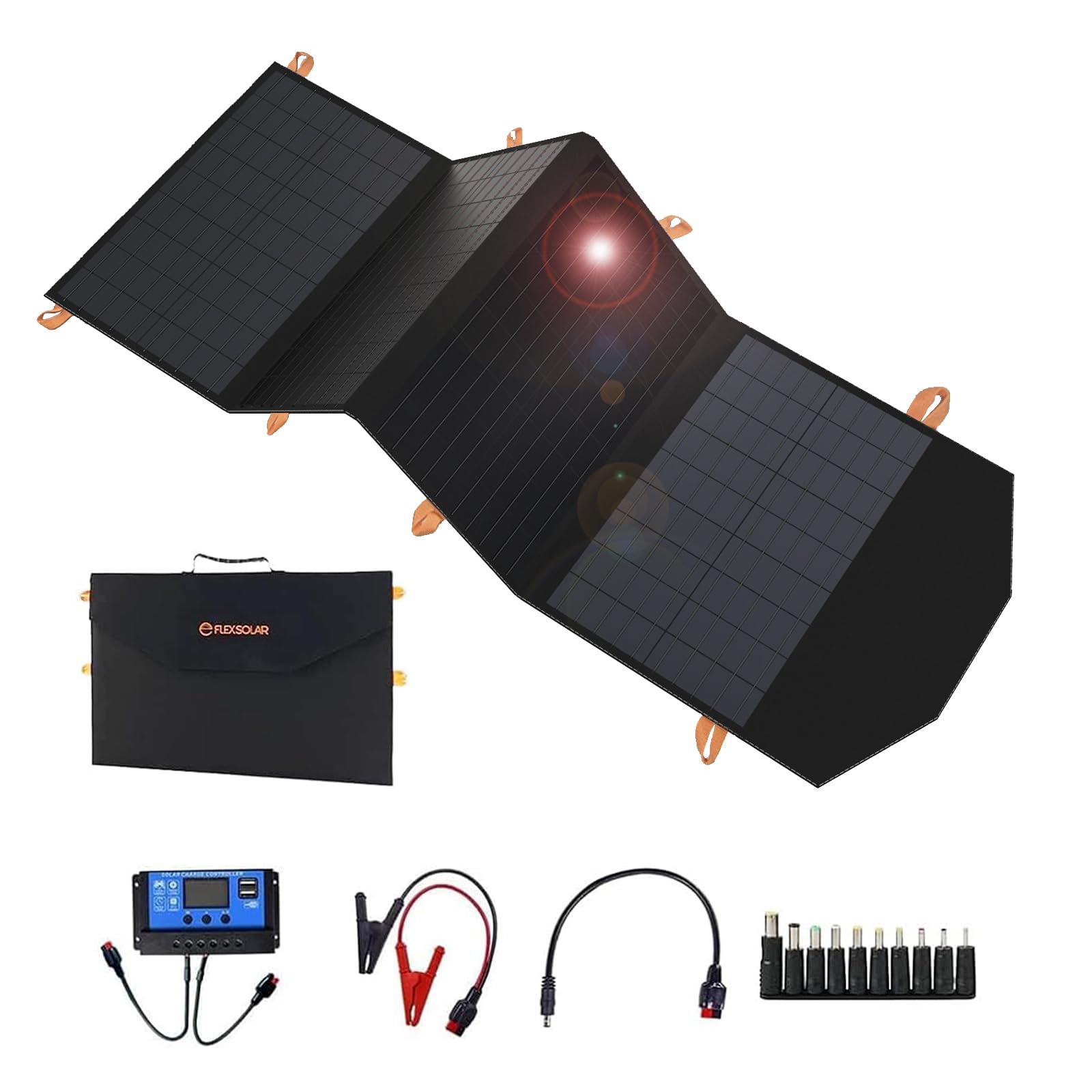FlexSolar 120W Portable Solar Panel - IP67 Waterproof Folding Solar Charger with USB-C, 2 USB-A & 18V DC Output for 300W-1500W Power Stations | Charge Phones, Power Banks & 12V Car Batteries | Perfect for Camping, RV Trips & Emergency Power Backup