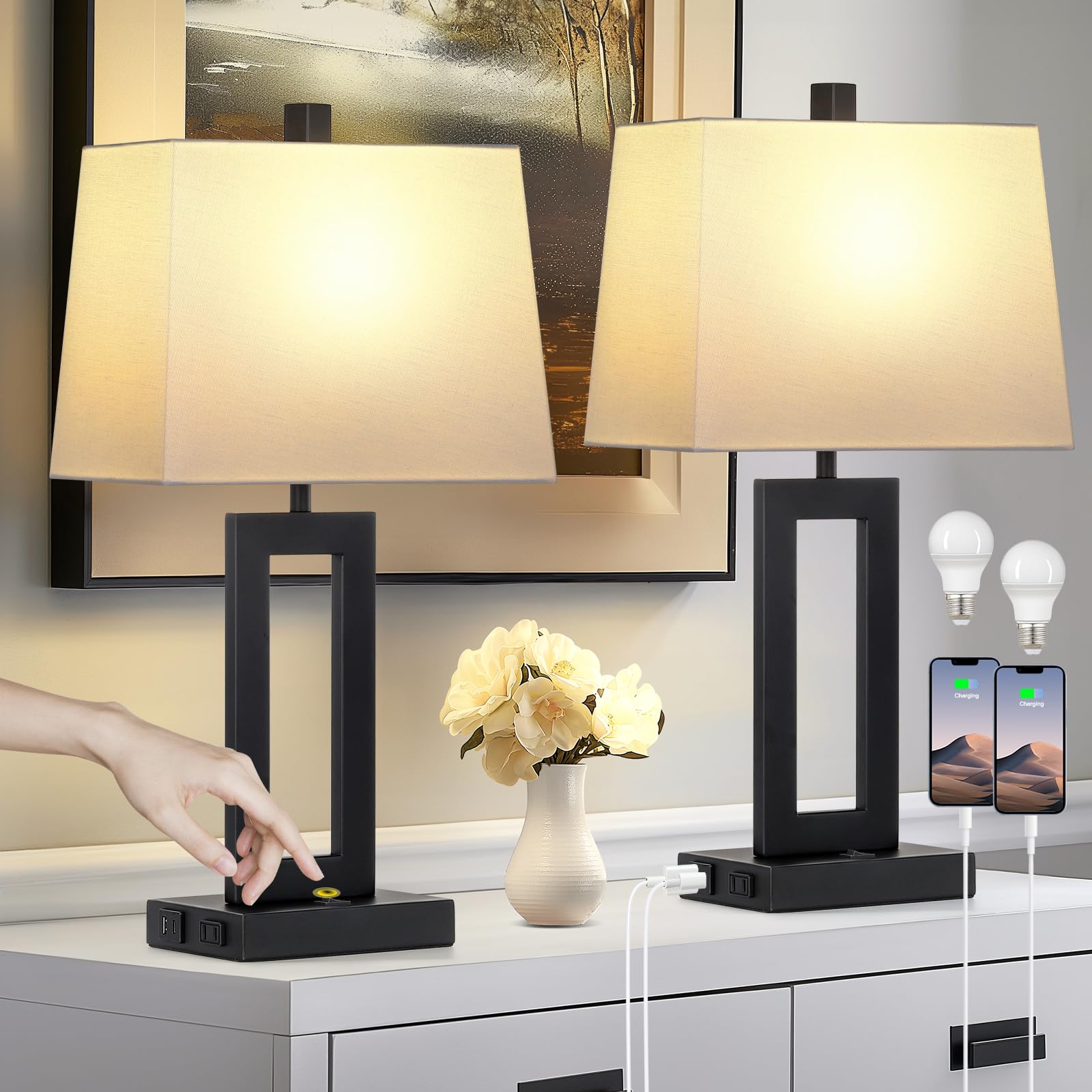 Cinkeda Modern Table Lamp Set of 2 - USB C & A Ports with AC Outlet, Black Nightstand Lamps for Bedroom, Living Room, Office - Perfect for Reading, Working & Ambient Lighting