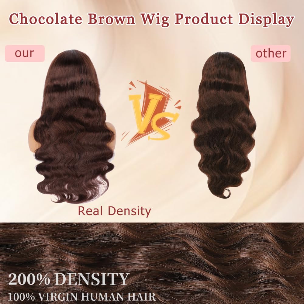 13x6 HD Lace Front Wig Human Hair 28 Inch Chocolate Brown Body Wave Pre Plucked 200 Density with Baby Hair | Natural Looking Wigs for Women, Daily Wear, Cosplay & Special Occasions