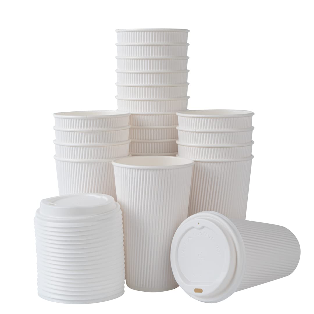 Restaurantware 16oz Insulated Coffee Cups with Lids - 20 Pack Leakproof Ripple Wall Hot Drink Cups | Eco-Friendly Disposable White Paper Cups for Coffee, Tea, Hot Chocolate & Lattes | Perfect for Cafes, Offices & Home Use