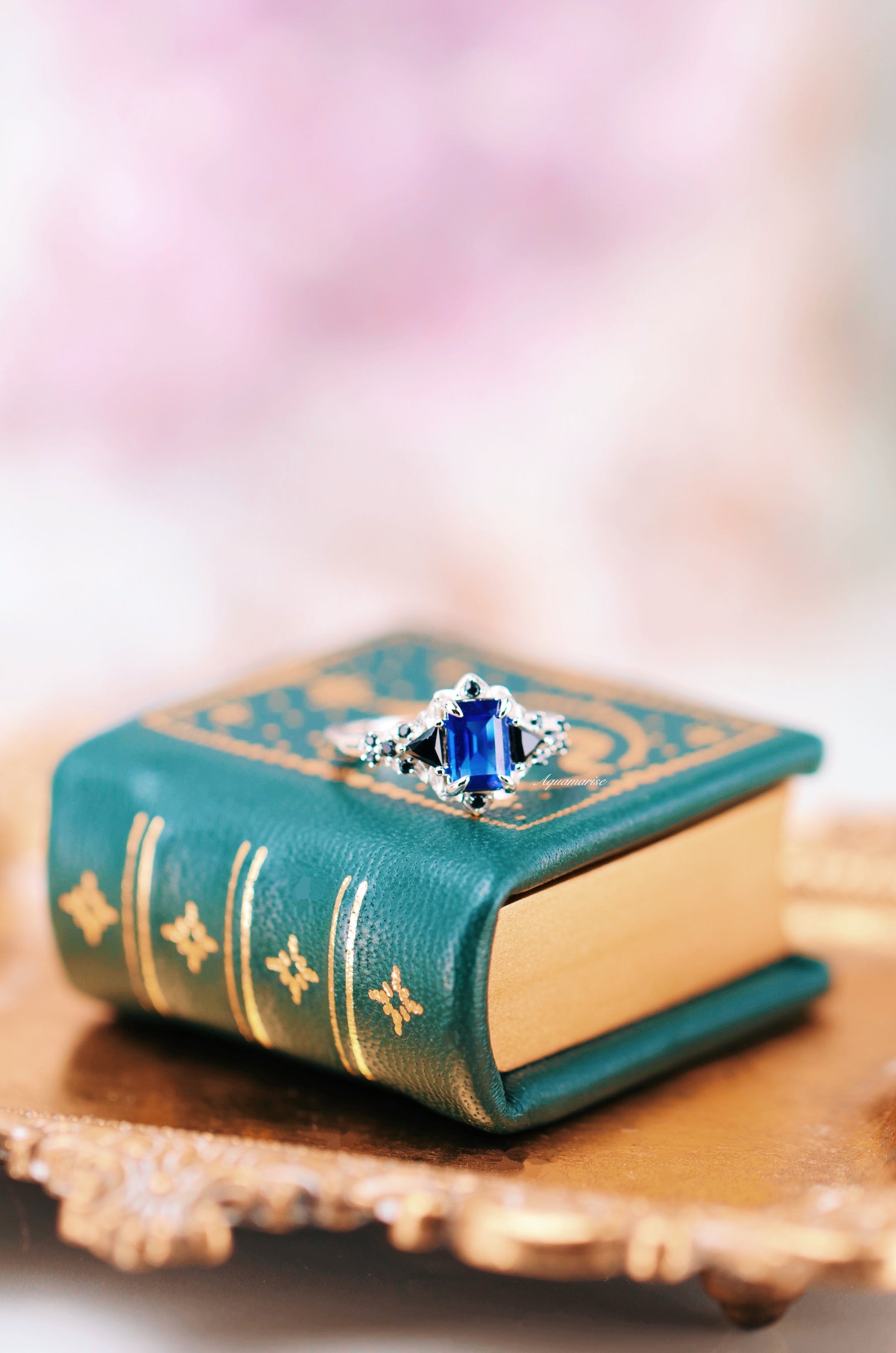 14K White Gold Blue Sapphire & Black Onyx Leaf Engagement Ring - Perfect for Proposals, Anniversaries & Special Occasions