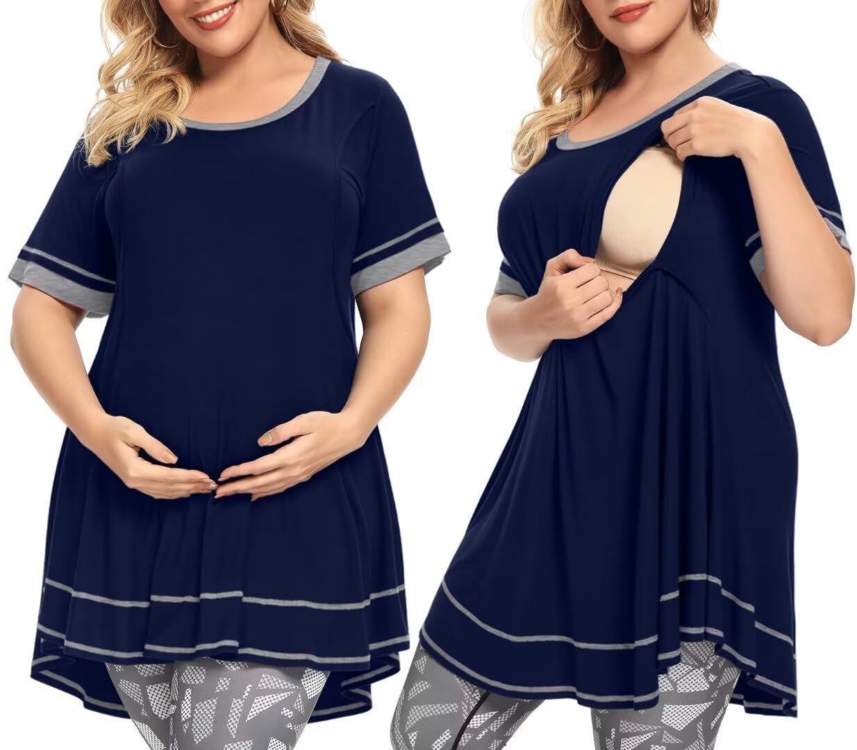 MONNURO Women's Plus Size Nursing Maternity Tops - Short Sleeve Casual Swing Tunic for Breastfeeding | Comfortable Loose Fit Shirt for Pregnancy & Nursing Moms | Perfect for Daily Wear, Outings & Maternity Photos