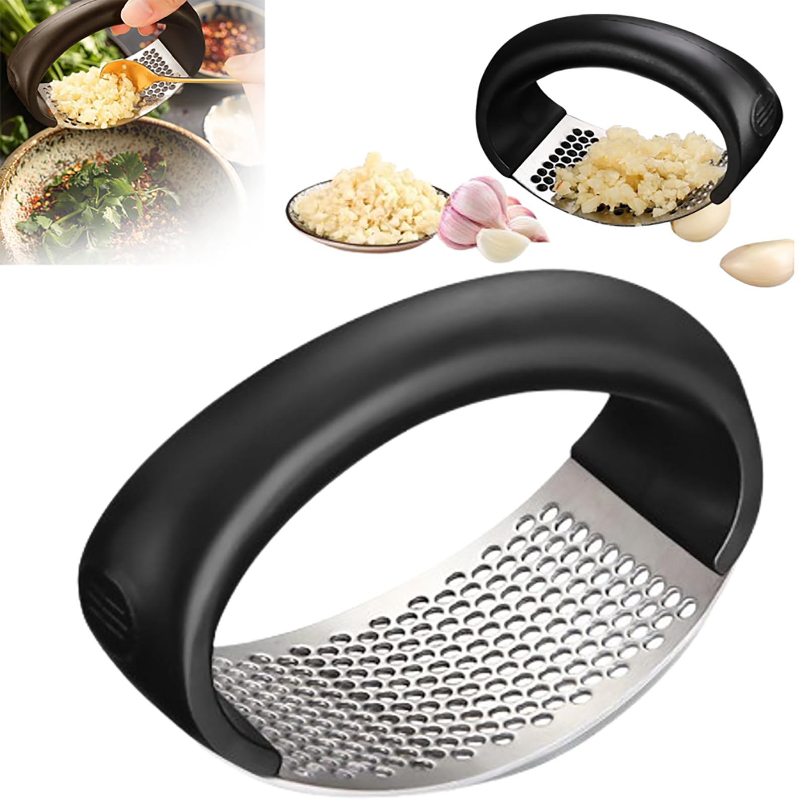 2024 Stainless Steel Garlic Press & Mincer with Peeler - Heavy Duty Garlic Crusher, Chopper, Grinder & Masher - Wide Handle for Easy Use - Perfect for Cooking, Baking & Meal Prep (Black, 1 Pack)