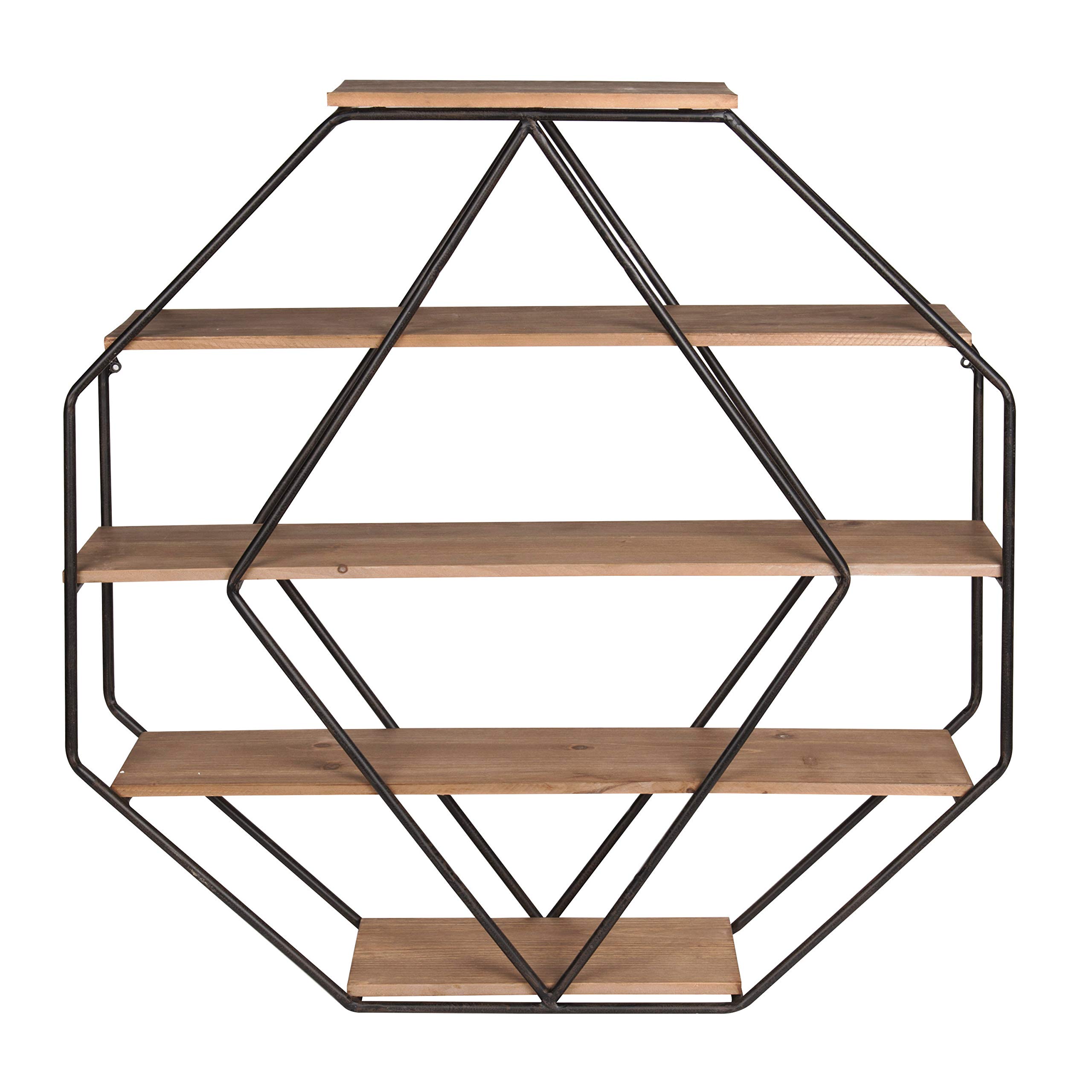 Kate & Laurel Lintz Large Octagon Floating Wood Bookshelf - Black Metal Frame with Rustic Brown Shelves for Wall Decor | Perfect for Living Room, Bedroom & Office Display