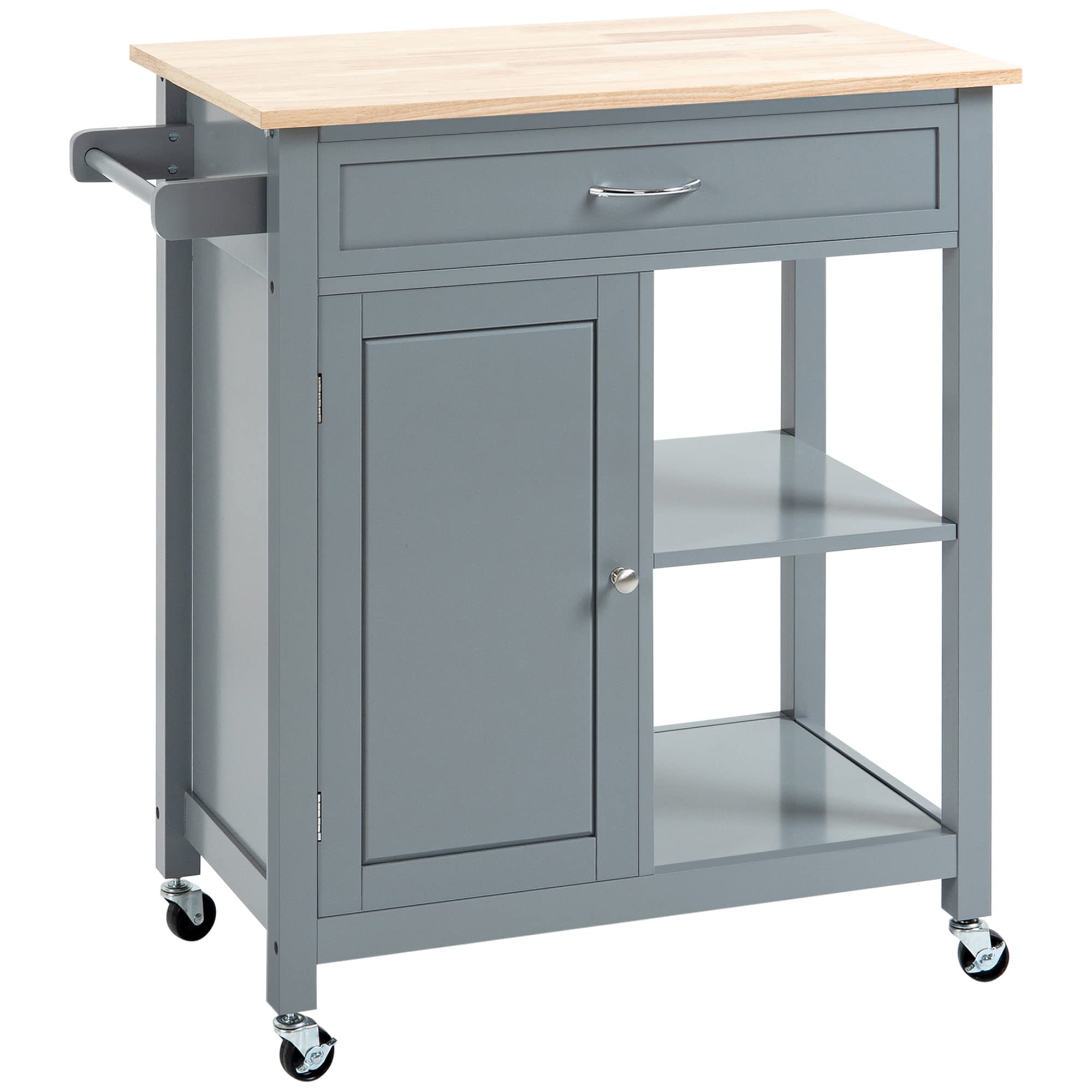 HOMCOM Kitchen Island Cart with Storage Shelf & Drawer - Solid Wood Top, Rolling Mobile Kitchen Organizer for Small Spaces - Perfect for Dining Room, Kitchen & Apartment - Gray