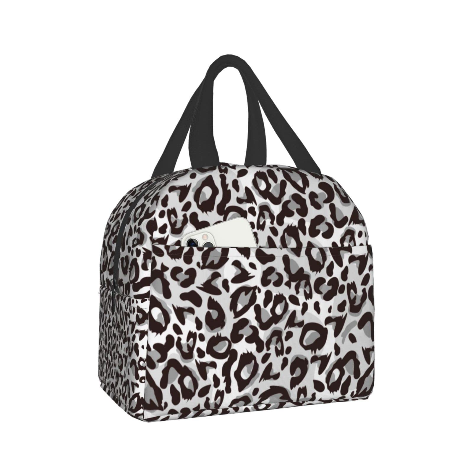 Insulated Lunch Box Grey Leopard Print - Reusable Thermal Lunch Bag for Men & Women | Portable Meal Container for Work, Travel, Picnic & Outdoor Activities