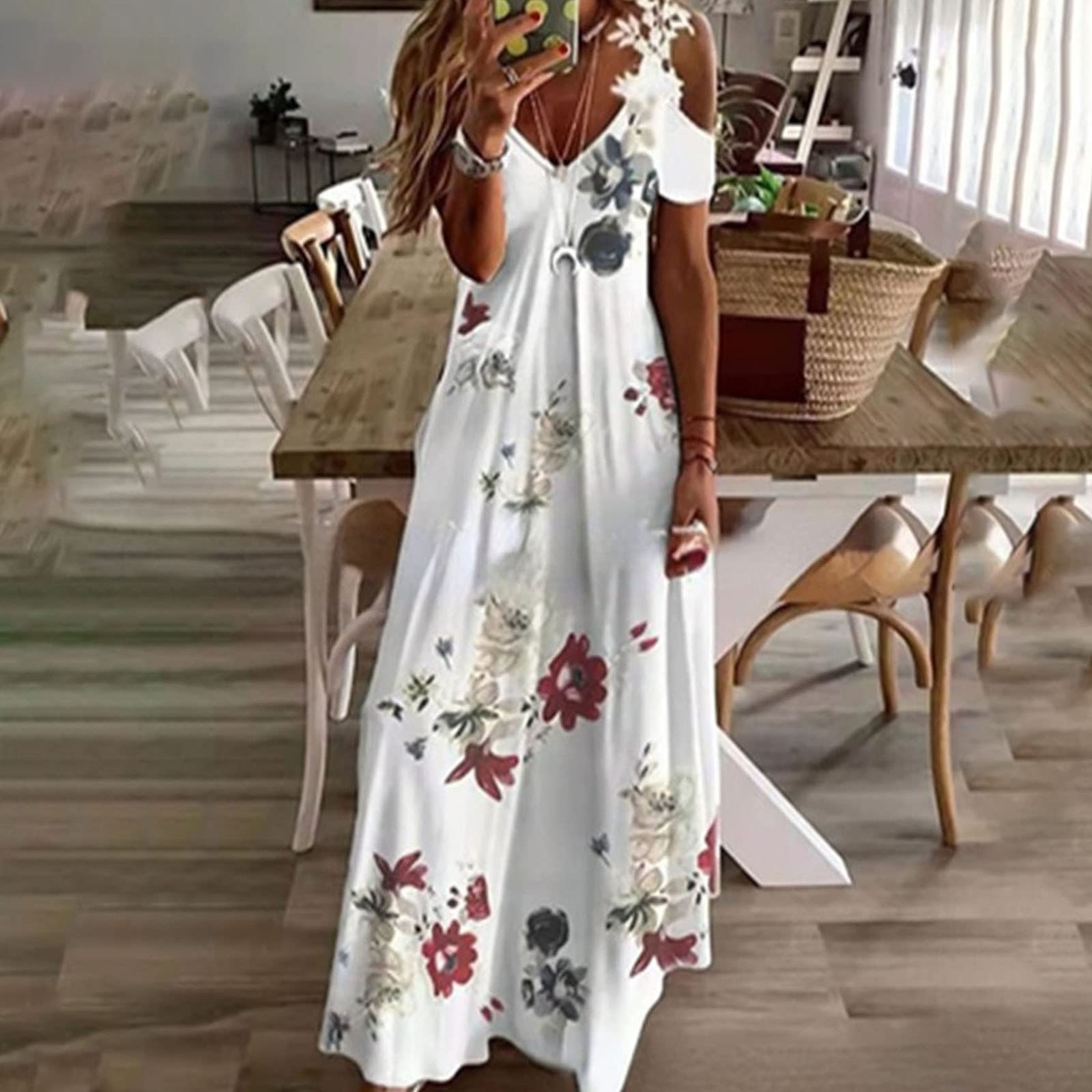 Women's Floral Maxi Dress - Sexy V-Neck Lace Strap Cold Shoulder Sundress for Beach Vacation & Summer Outings