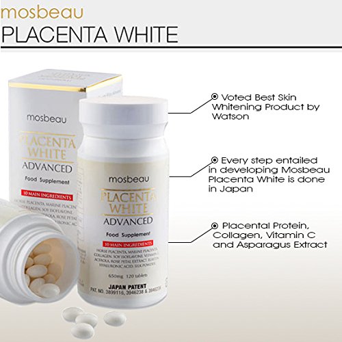 3 Bottles of Mosbeau Placenta White Advanced Whitening Tablets for Skin Brightening & Anti-Aging | Japanese Beauty Supplement for Glowing Complexion | Perfect for Daily Skincare Routine & Travel