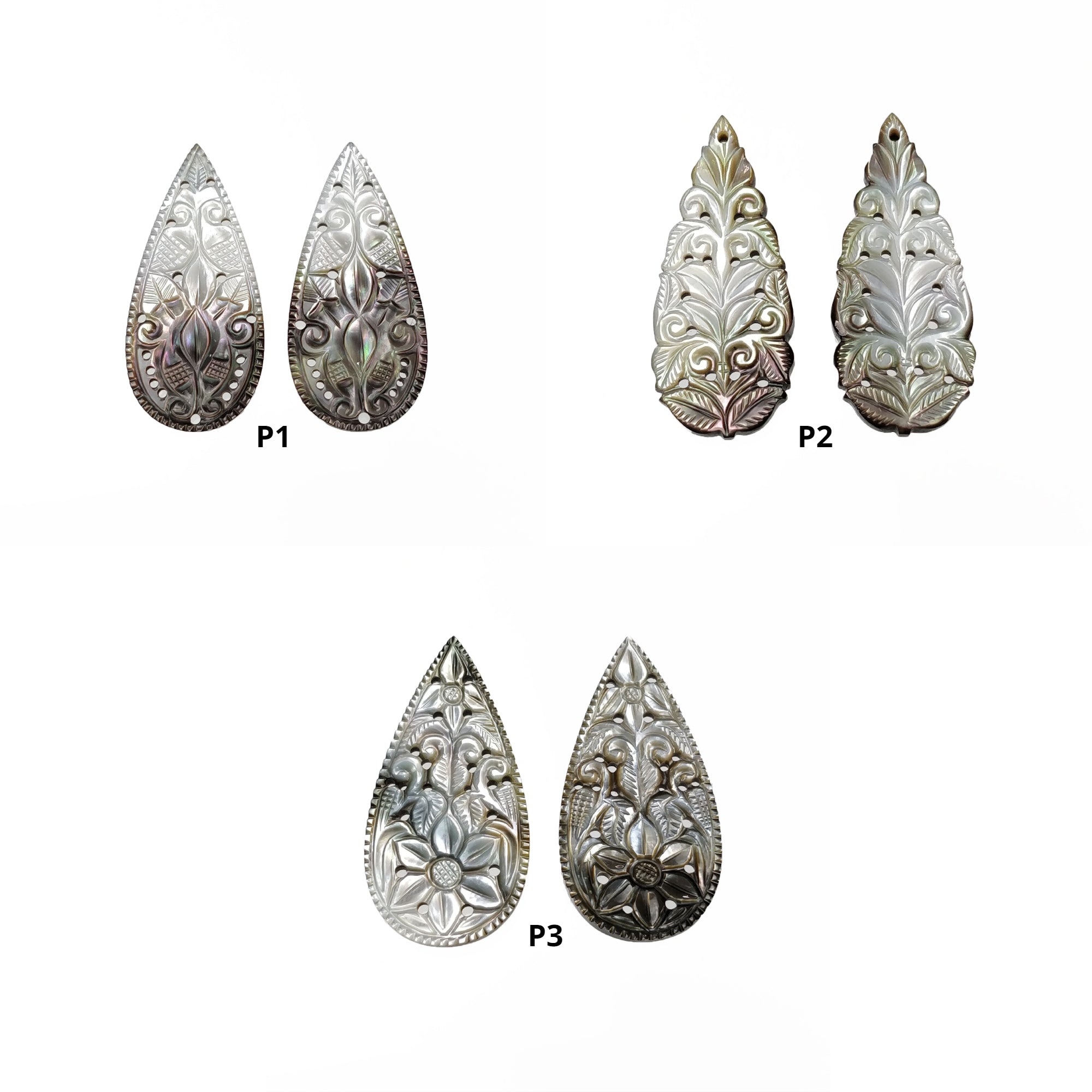 Natural Untreated Black Mother of Pearl Gemstone Carving - Hand Carved Pear Shape Pairs for Jewelry Making, Home Decor & Spiritual Healing
