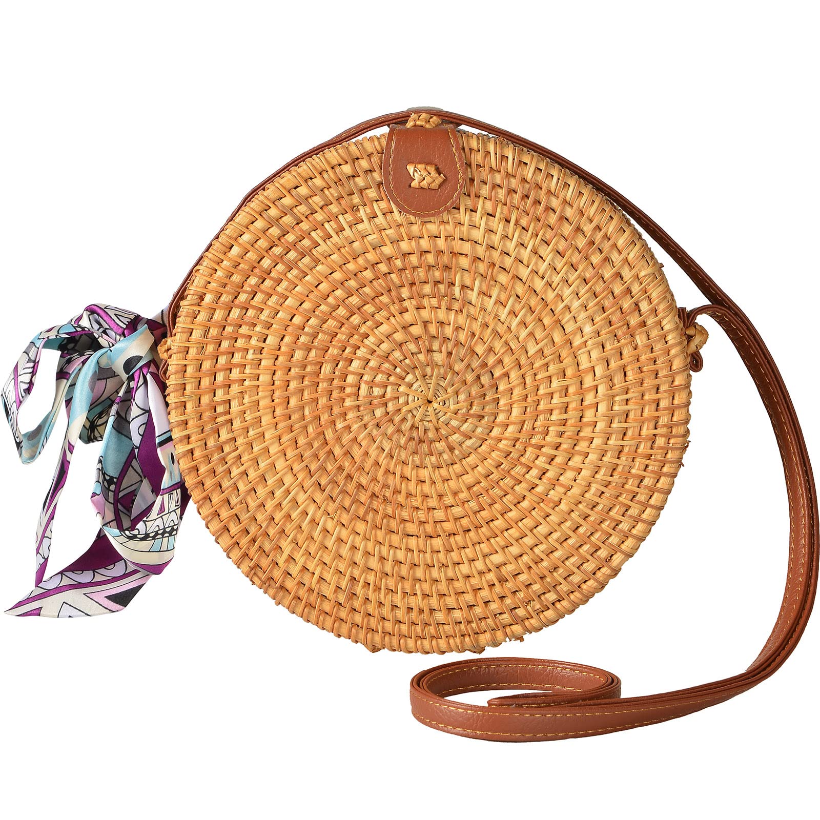 Round Rattan Handwoven Straw Crossbody Shoulder Bag for Women - Natural Chic Leather Straps Boho Purse | Perfect for Beach Vacations, Summer Outings & Boho Fashion Accessories