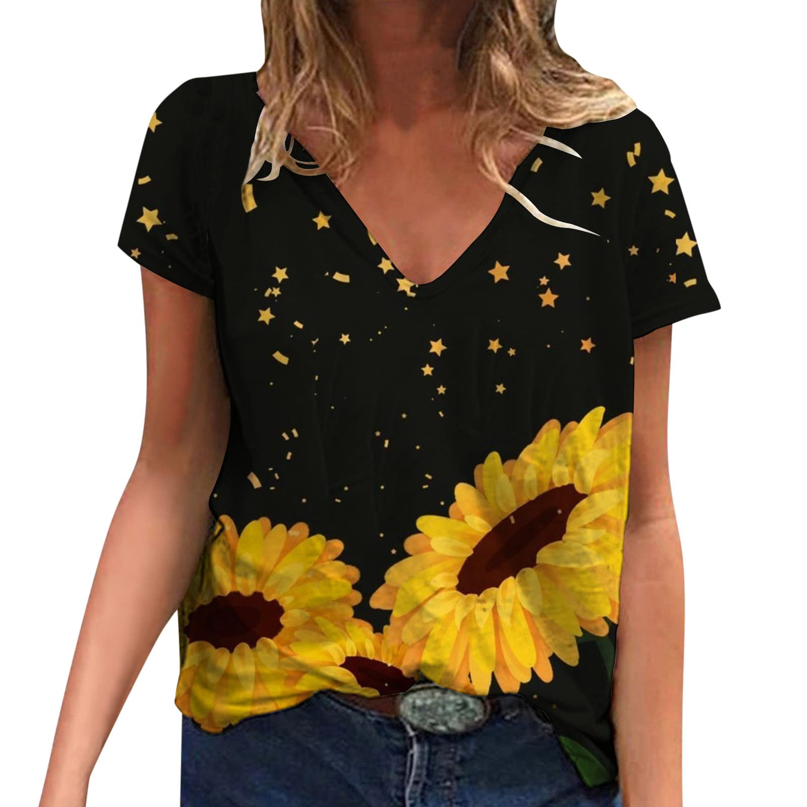 Women's Summer Tops - Floral Short Sleeve V-Neck Blouse | Loose Fit Casual T-Shirt for Women | Perfect for Beach, Vacation & Everyday Wear