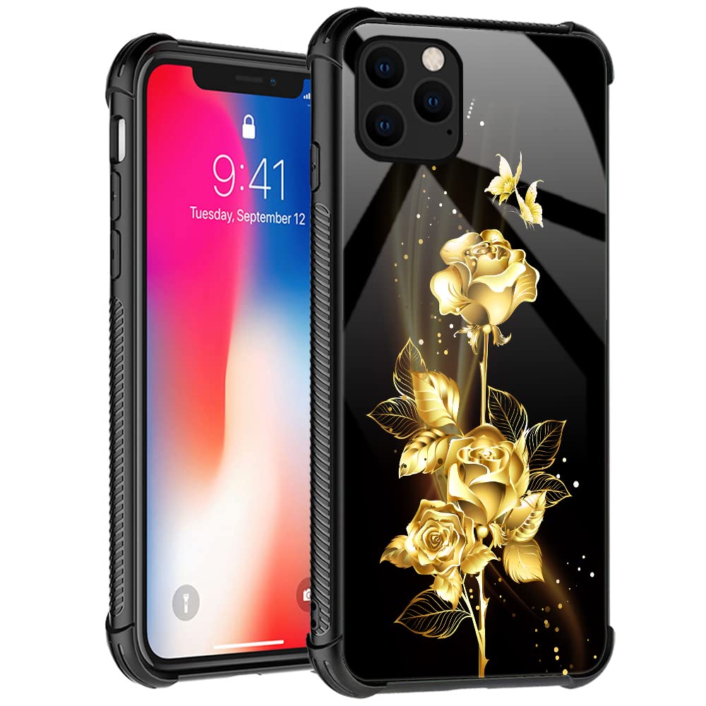 Golden Butterfly Rose Flower Pattern Phone Case for iPhone 12 Pro - Elegant Protective Cover for Women, Perfect Gift for Valentine's Day & Daily Use