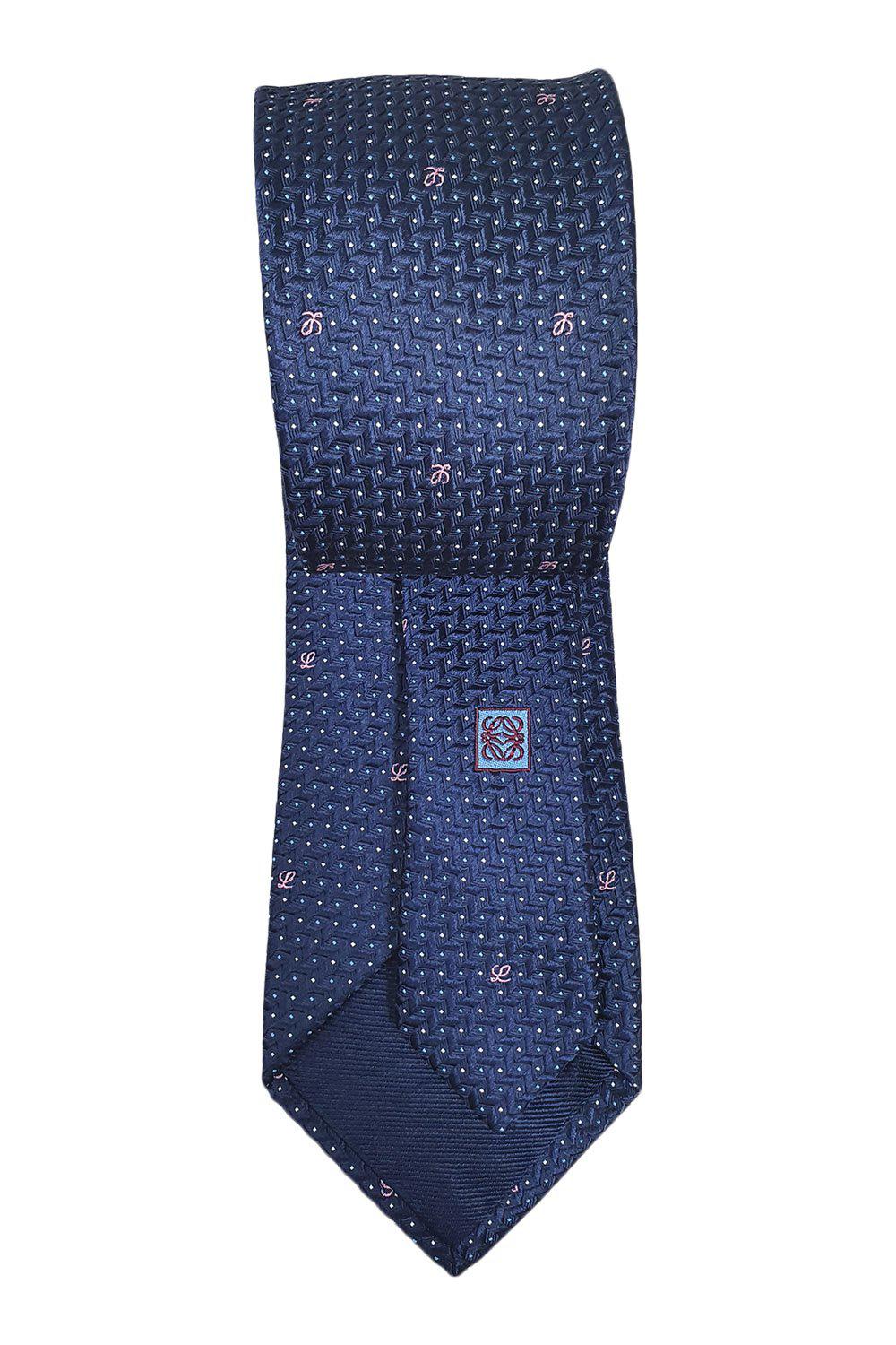 LOEWE 100% Silk Navy Blue Tie with Pink Abstract Pattern - 60