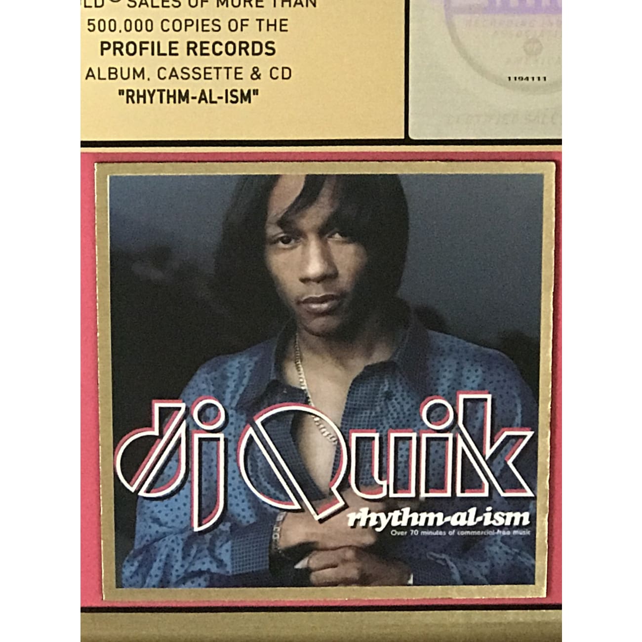 DJ Quik Rhythm Al-Ism RIAA Certified Gold Album Award Plaque - Perfect for Music Collectors & Hip-Hop Memorabilia Displays