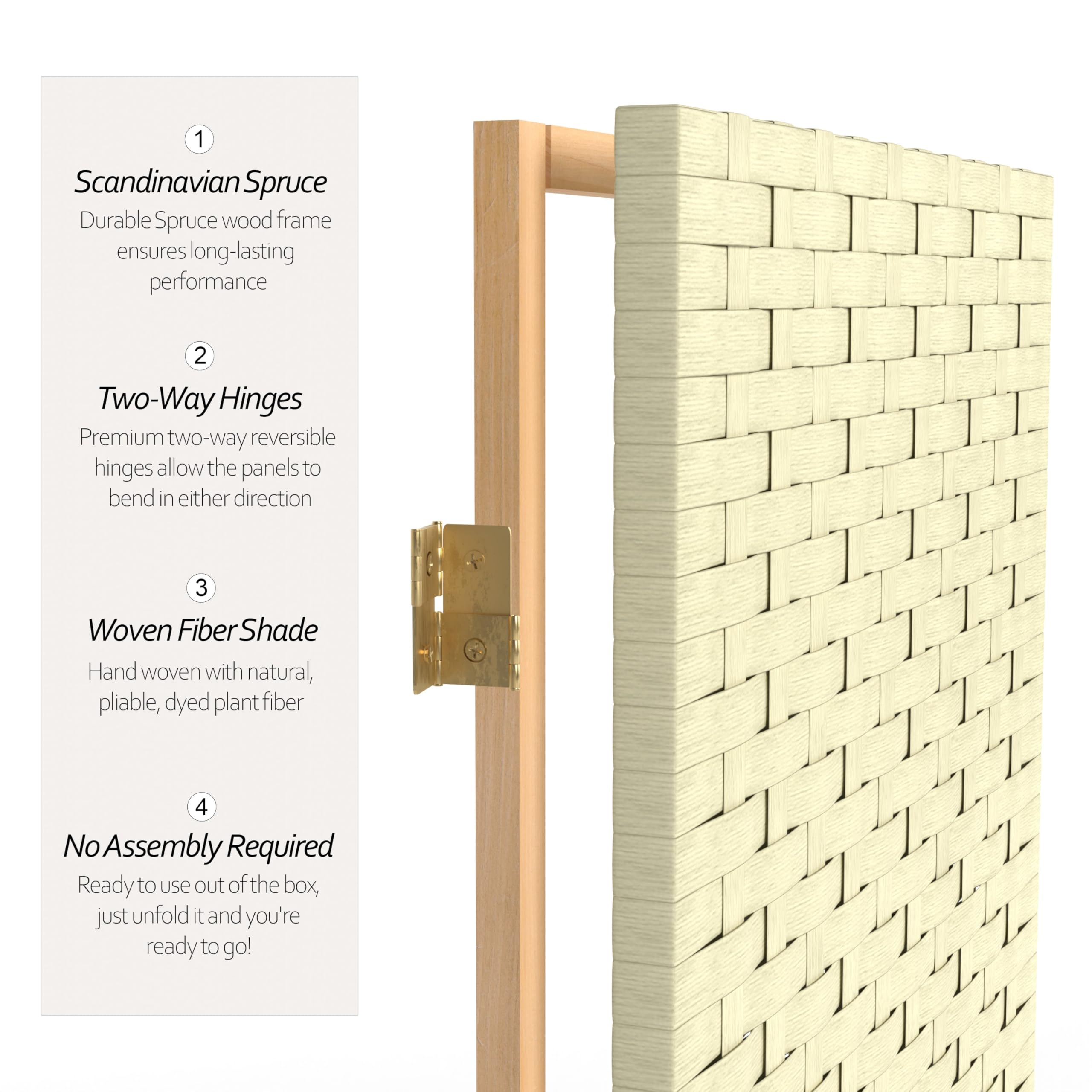4 ft. Short Woven Fiber Folding Room Divider Screen - Cream - 3 Panel Privacy Partition for Home, Office, or Studio Decor