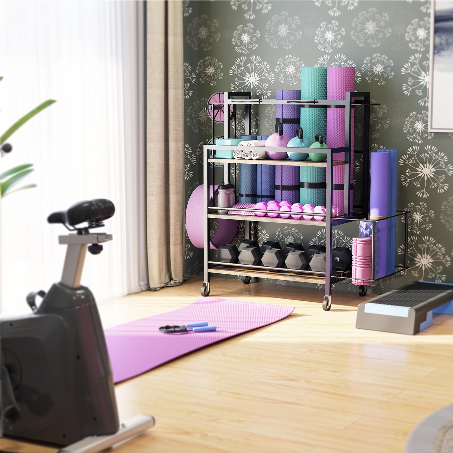 **EasyCom Heavy-Duty Home Gym Storage Rack – Large Capacity Organizer for Dumbbells, Kettlebells, Foam Rollers, Yoga Mats & Resistance Bands – Workout Equipment Storage with Hooks & Wheels – Perfect for Garage, Basement & Home Gym Organization**