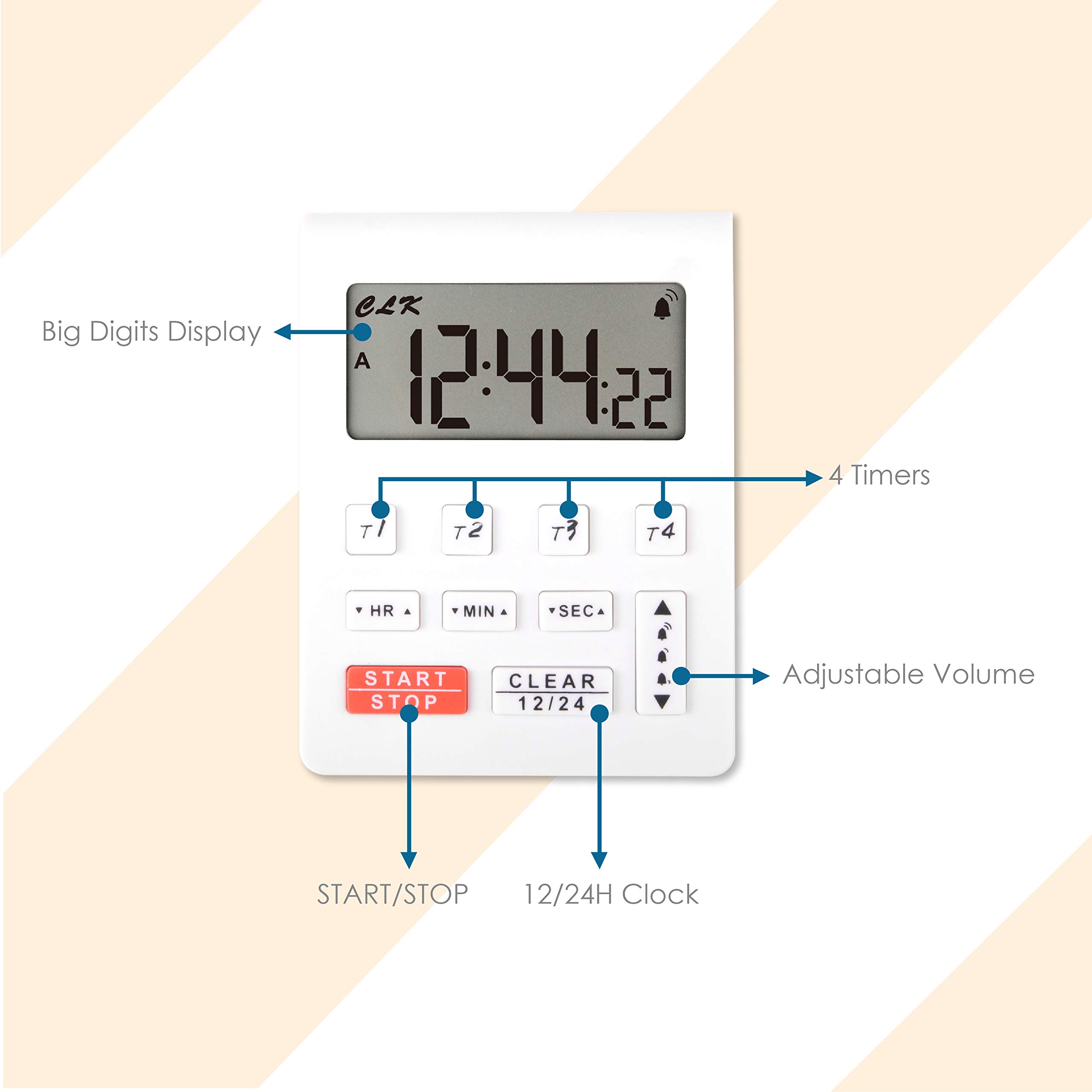 Runleader Digital Kitchen Timer with 4 Countdown Timers & Stopwatch - Large Display 12/24H Clock with Alarm - Perfect for Baking, Cooking, Homework & Fitness (White-205) | Compact Desktop Timer for Home, Office & Gym Use