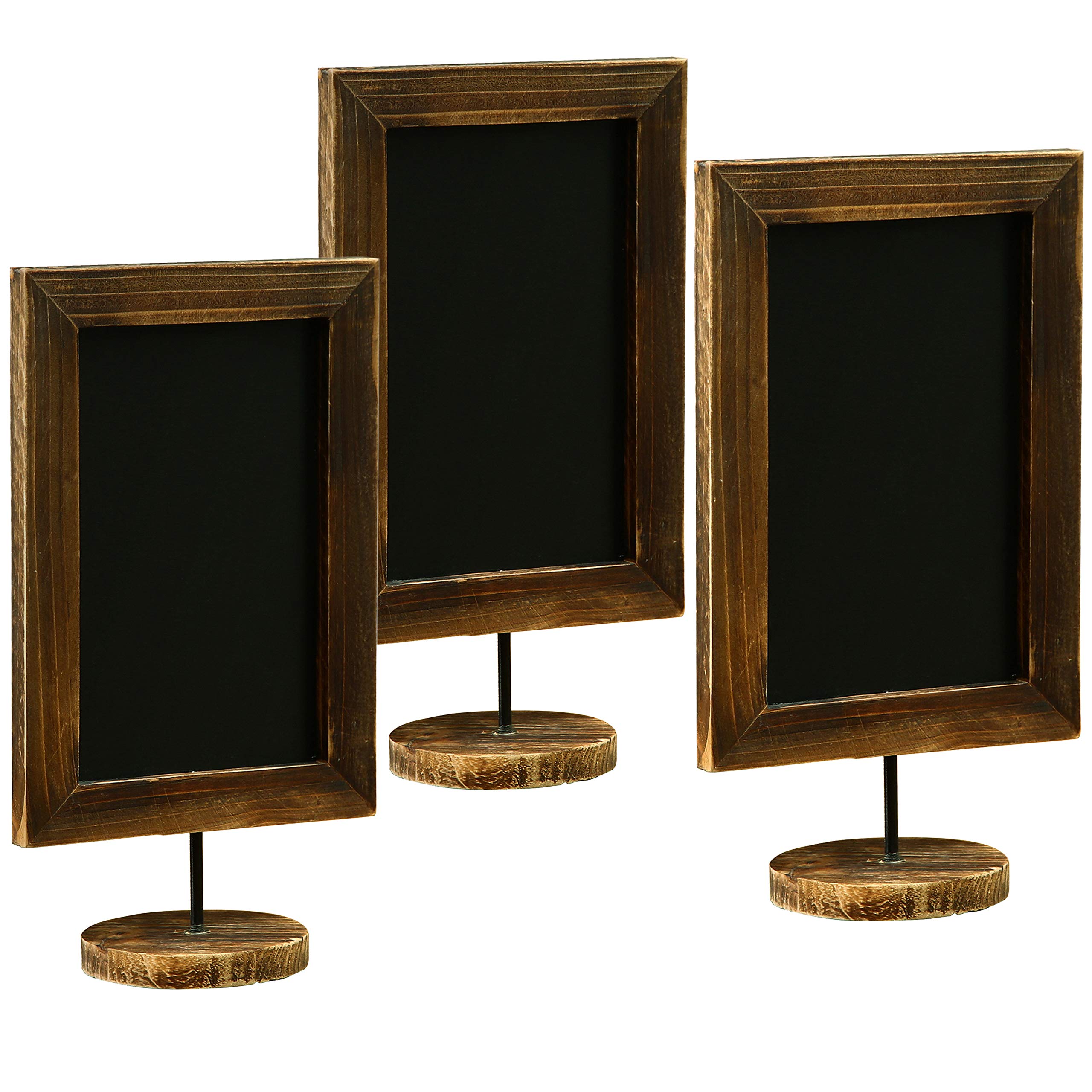 MyGift Set of 3 Rustic Chalkboard Signs with Burnt Wood Frame & Round Base - Wedding Table Place Cards, Kitchen Memo Boards - Perfect for Weddings, Restaurants & Home Décor