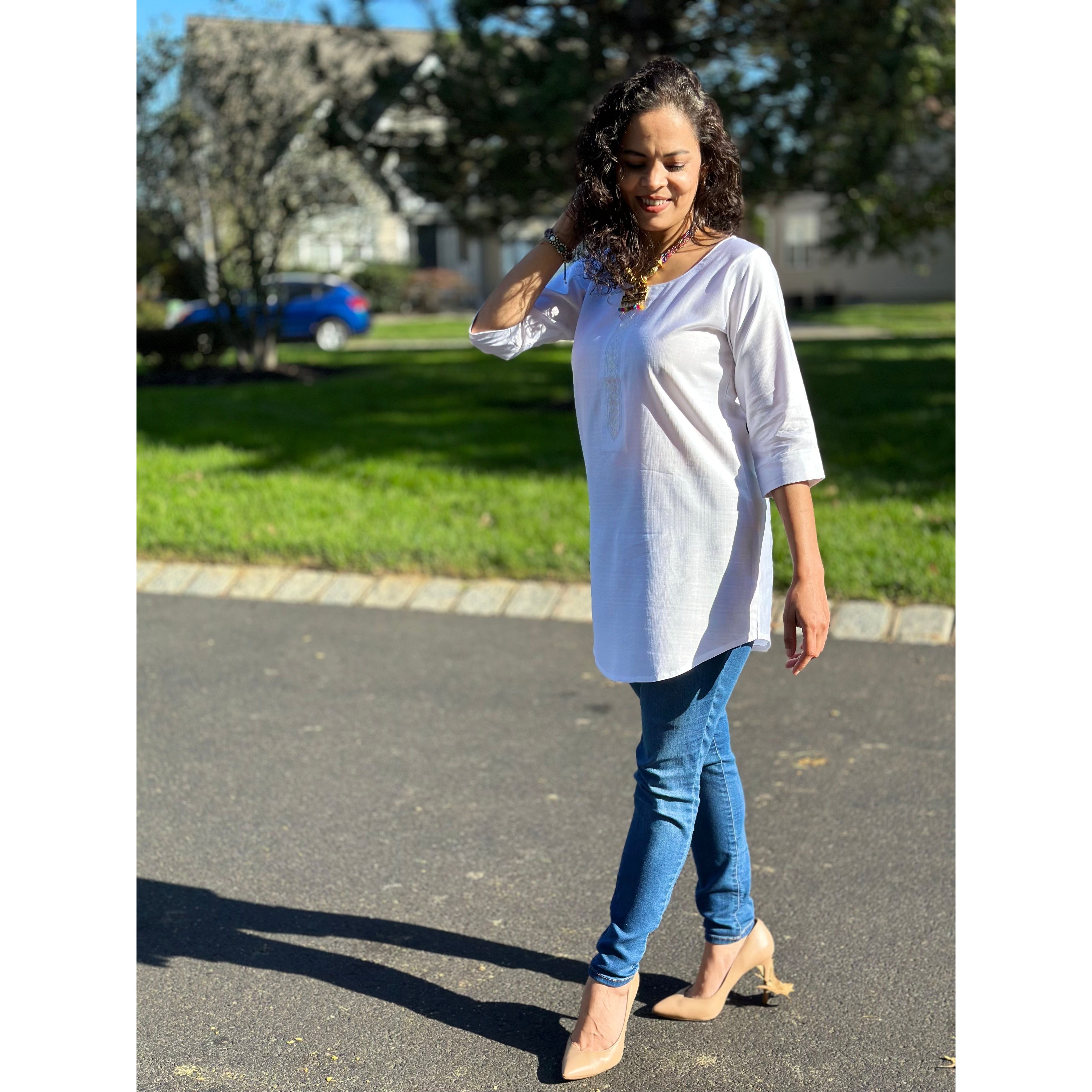 Elegant White Short Kurta for Women - Comfortable Cotton Summer Tunic Top - Perfect for Casual Wear, Festivals & Boho Outfits