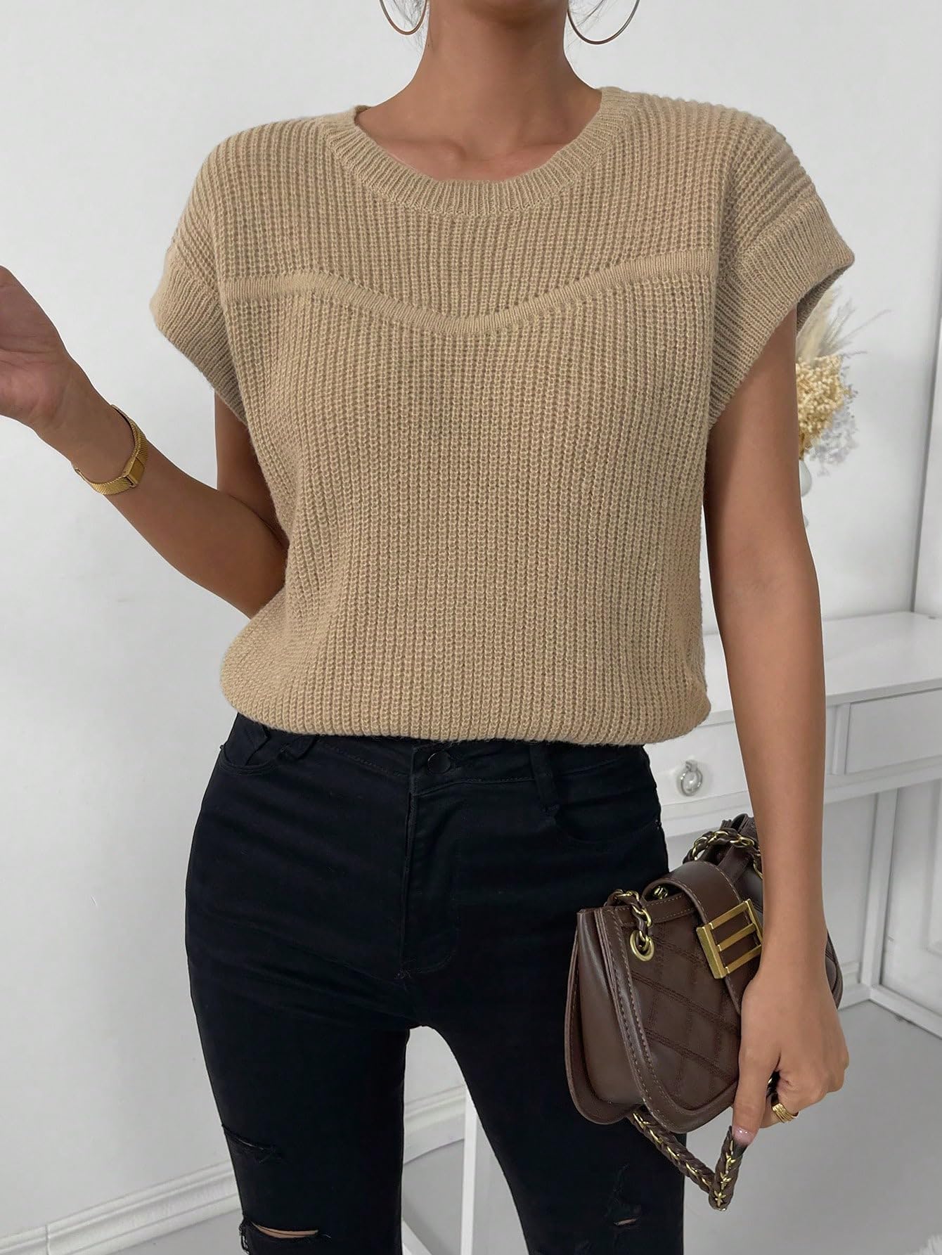 Milumia Women's Casual Knit Pullover Sweater - Soft Crew Neck Cap Sleeve Top for Everyday Wear | Perfect for Office, Weekend Outings & Layering in Fall/Winter