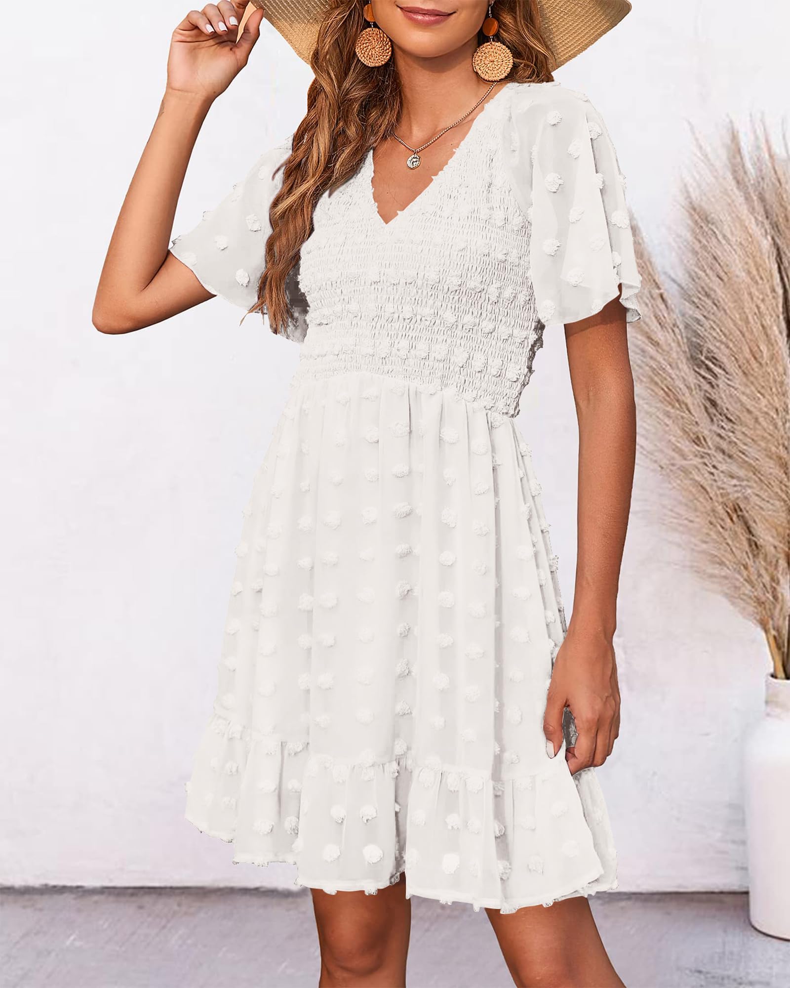 BTFBM Women's V-Neck Casual Summer Dress - Short Sleeve Smocked Swiss Dot Swing Ruffle Mini Dress for Beach Vacation 2025 | Perfect for Tropical Getaways, Pool Parties & Summer Outings