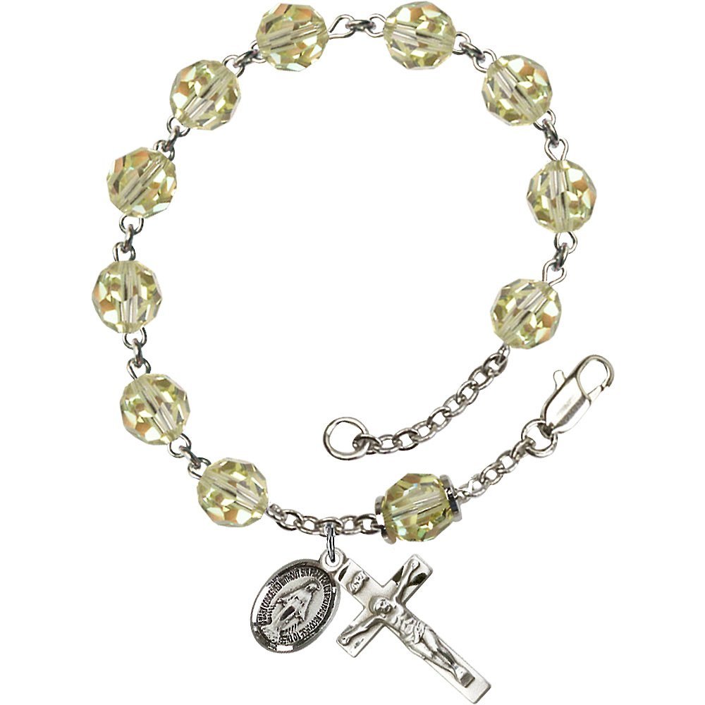 Sterling Silver Rosary Bracelet with 8mm Aurora Borealis Beads & Jnoquil Capped Our Father Crucifix - Size 7/8