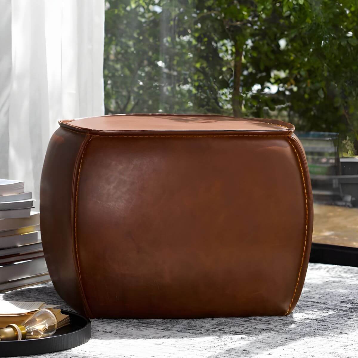 Mid Century Modern Brown Leather Upholstered Utility Stool - Water Resistant Finish for Living Room, Office & Entryway Decor