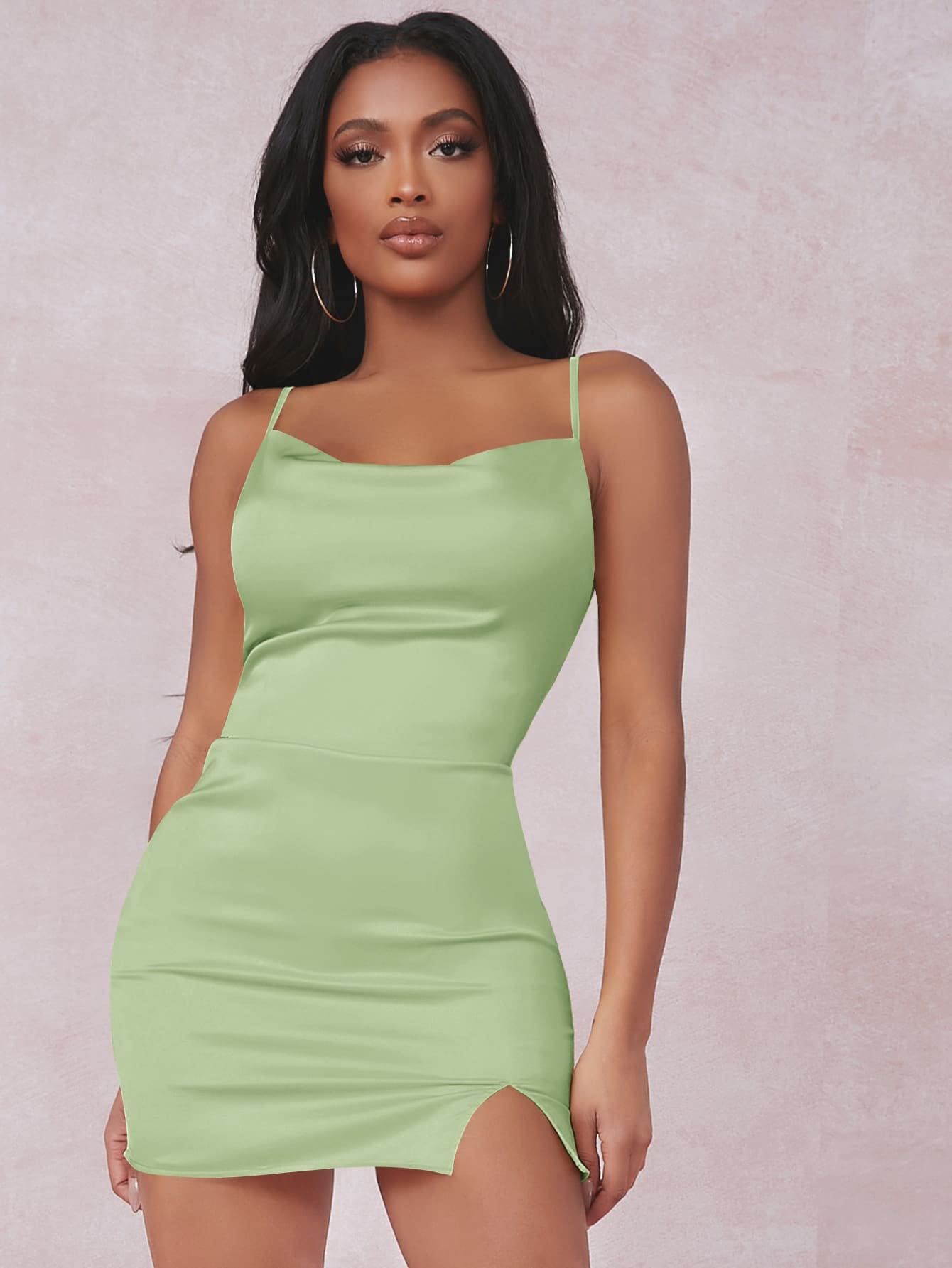 Women's Summer Satin Cami Bodycon Mini Dress with Split Detail - Casual Beach Dress for Ladies (Mint Green, X-Small) | Perfect for Pool Parties, Vacations & Date Nights