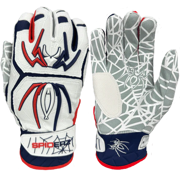 Spiderz HYBRID Batting Gloves for Baseball & Softball - White/Red/Navy - Enhanced Grip & Comfort for Training & Games