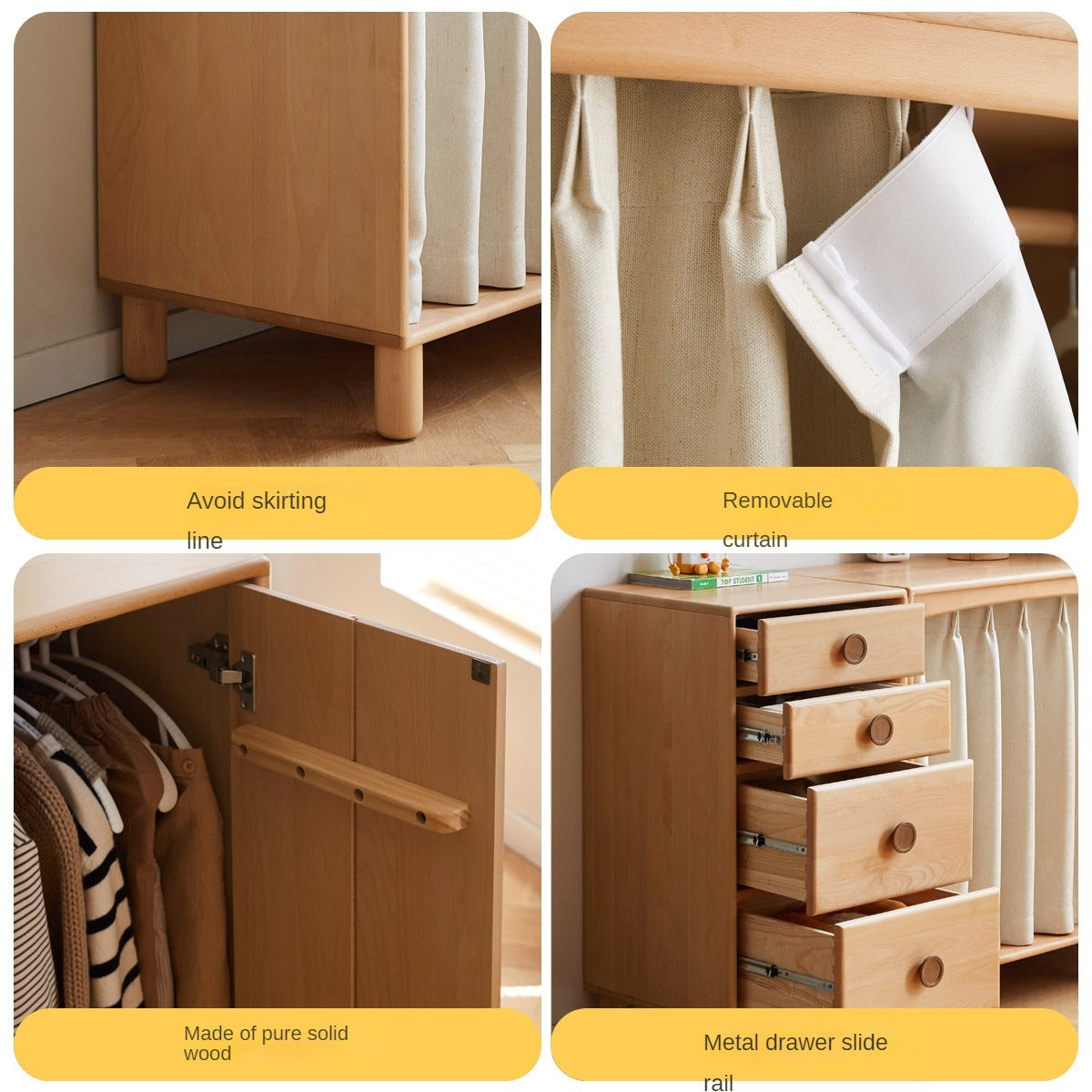 Solid Wood Beech & Rubber Kids Wardrobe - Multi-Functional Storage Cabinet for Bedroom, Nursery, and Playroom Organization