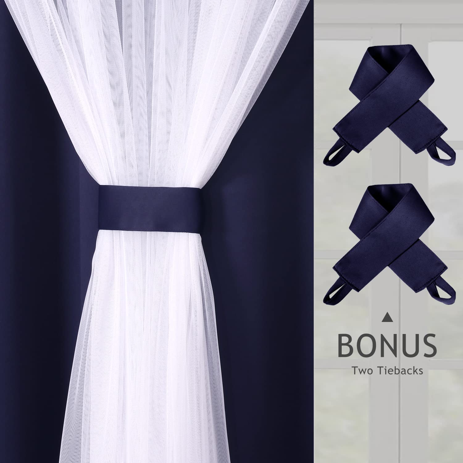 BONZER White Sheer Tulle Overlay Blackout Curtains with Grommet Top - 52x95 Inch Navy Living Room Curtains (Set of 2 Panels) for Bedroom, Nursery & Home Theater Light Control