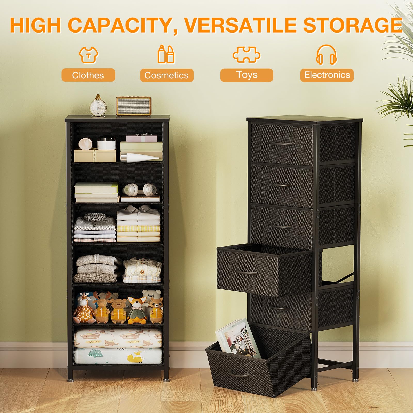 AODK 6-Drawer Tall Dresser for Bedroom - Fabric Storage Organizer with Wood Top & Steel Frame - Black Chest of Drawers for Closet, Living Room, Entryway, Hallway | Perfect for Small Space Organization & Home Decor
