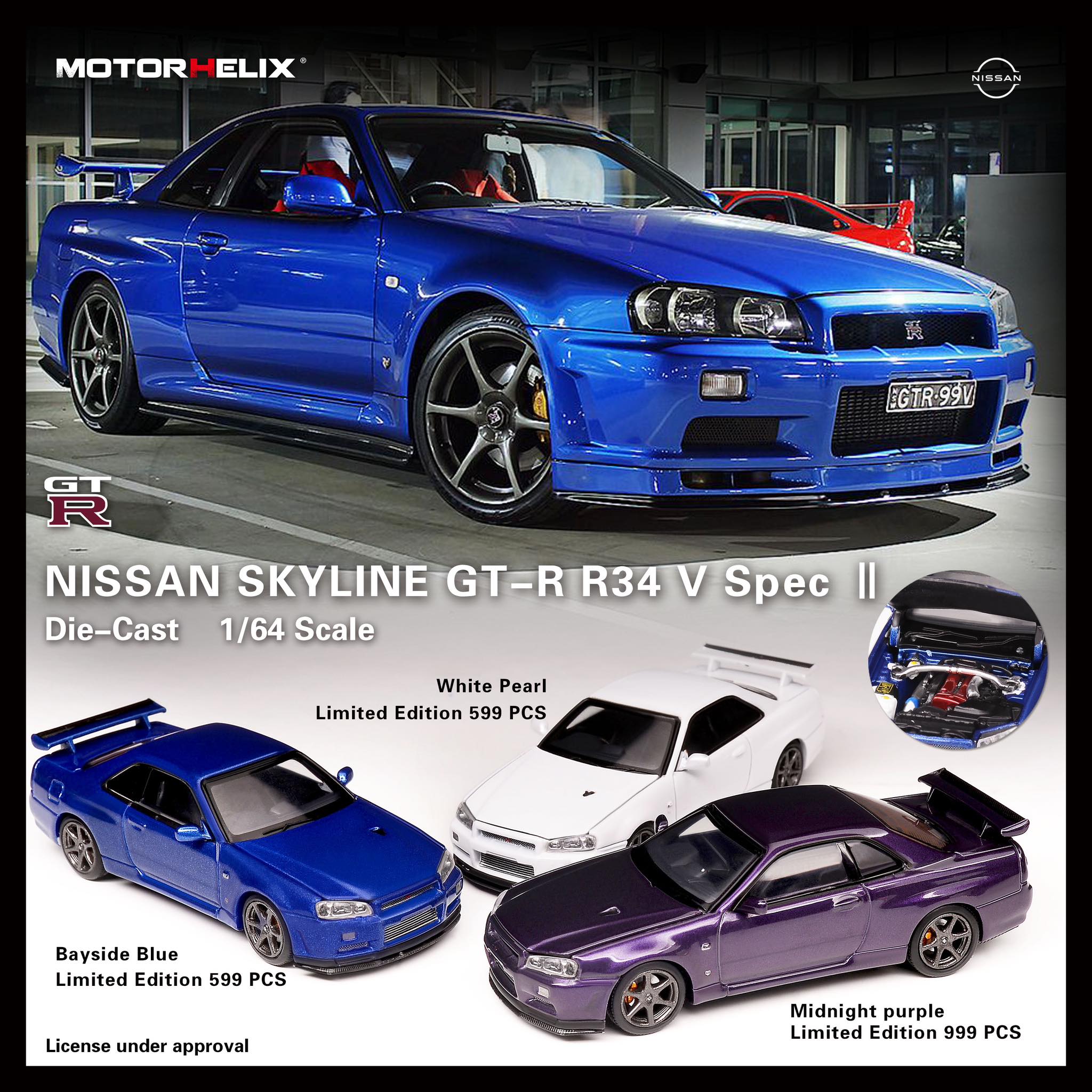 MotorHelix 1/64 Scale Diecast Nissan Skyline GT-R R34 (BNR34) Midnight Purple - Collectible Model Car for Display, Gifts & Racing Enthusiasts